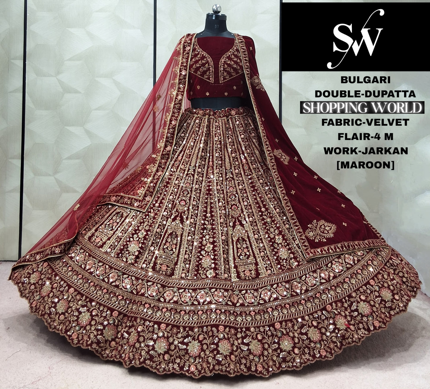 Dark Maroon Double Dupatta Velvet Bridal Lehenga