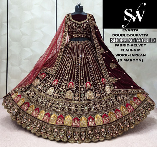 Maroon Double Dupatta Velvet Lehenga