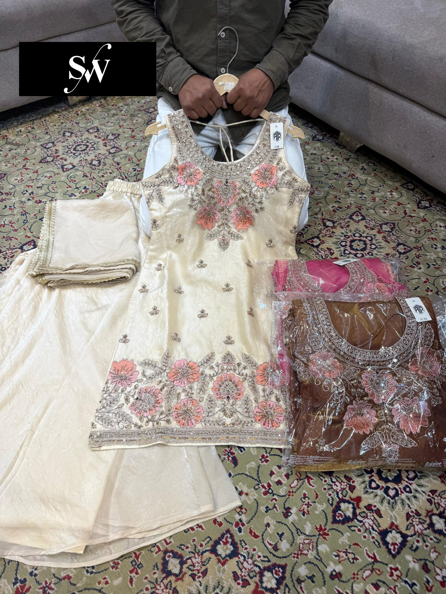 White Brown Long Sharara Suit Dress Material