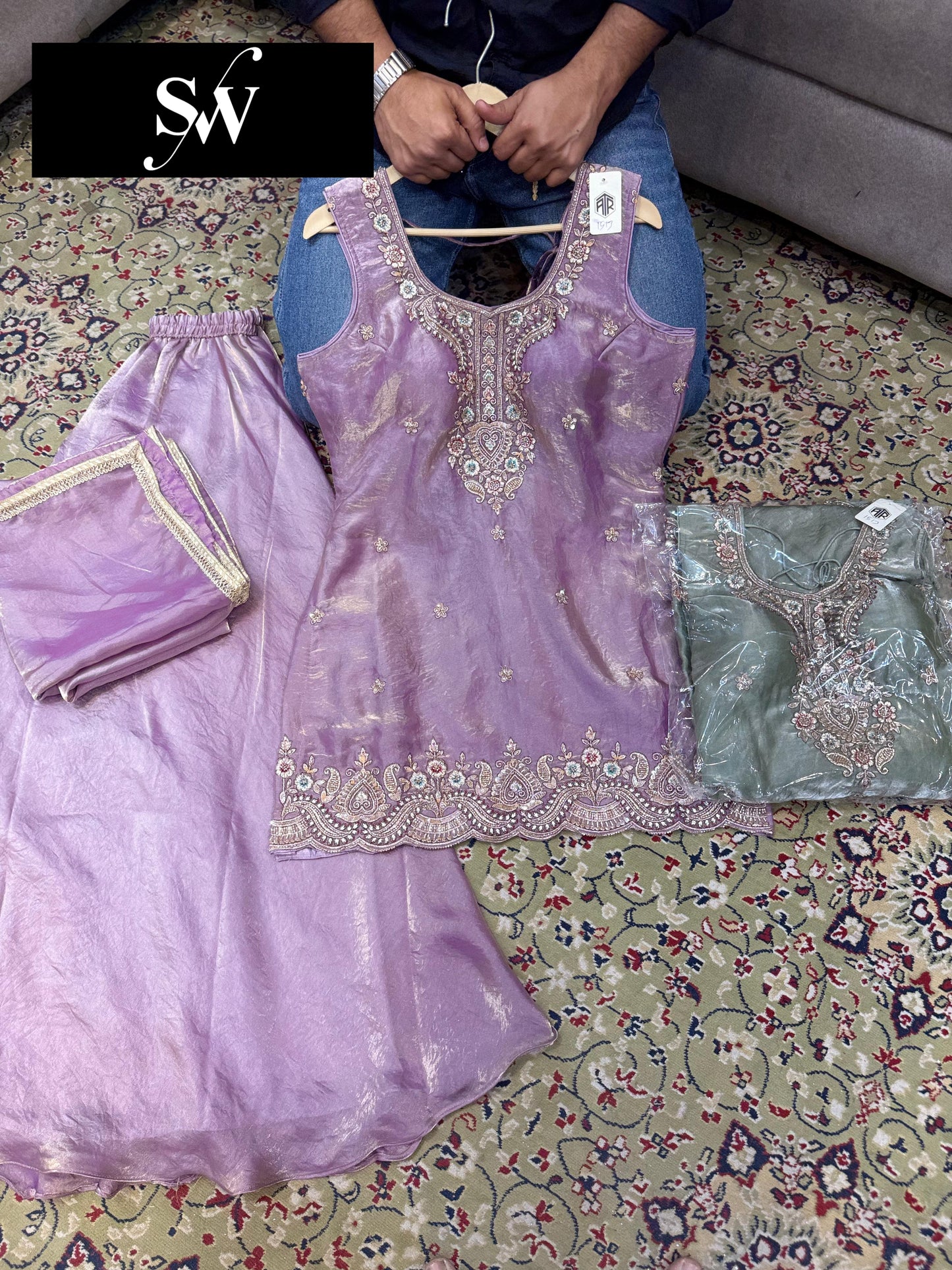 Lavender Green Long Shrug Suit Dress Material