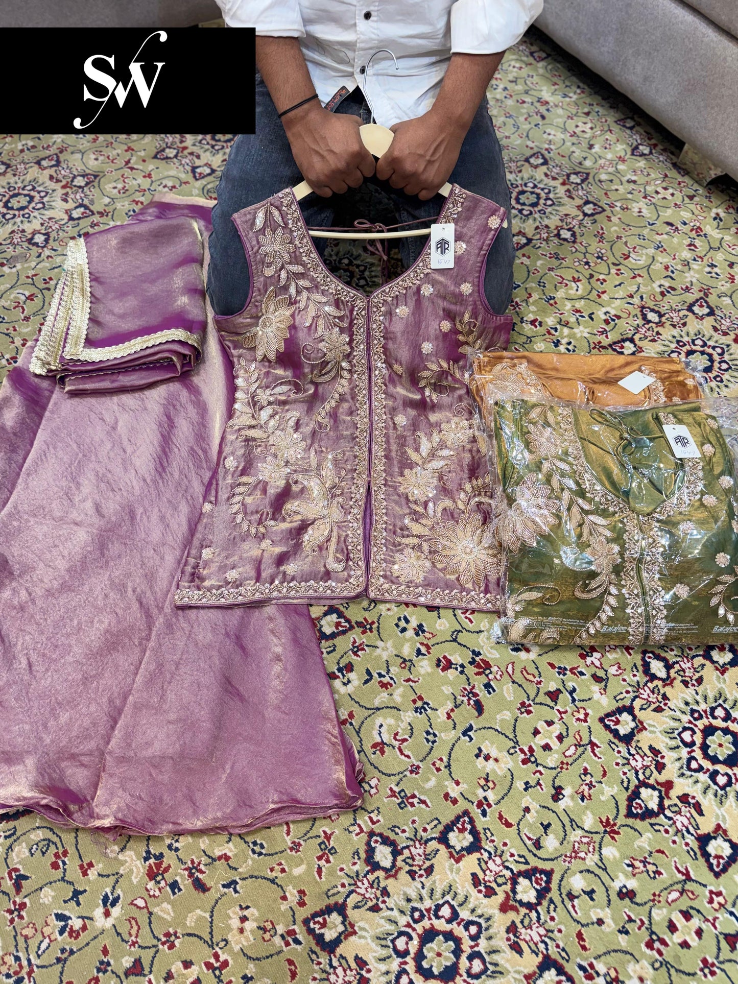 Pink Green Mustard Long Shrug Dress Material