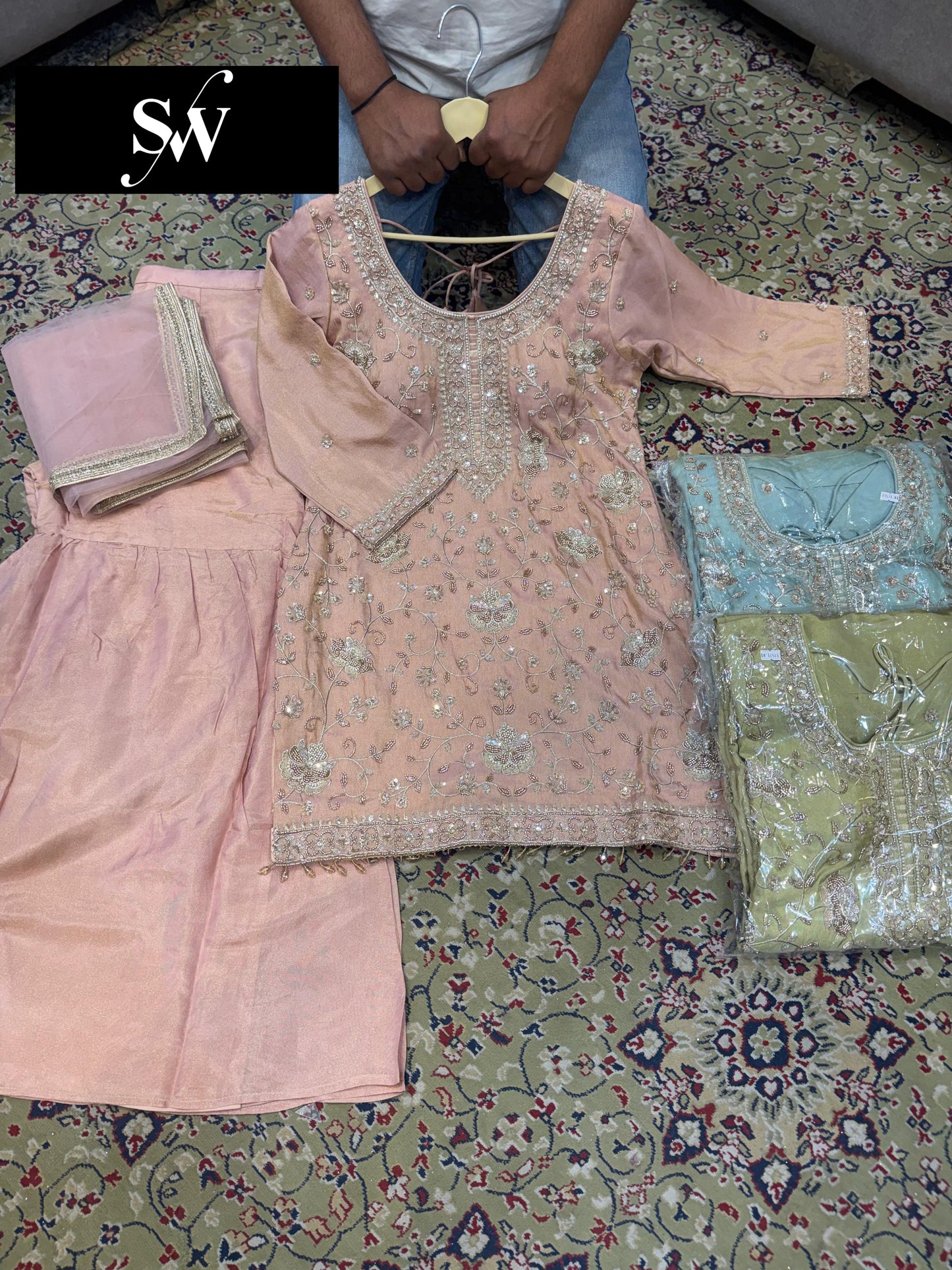 Peach Pink Green Sky Blue Long Shrug Dress Material