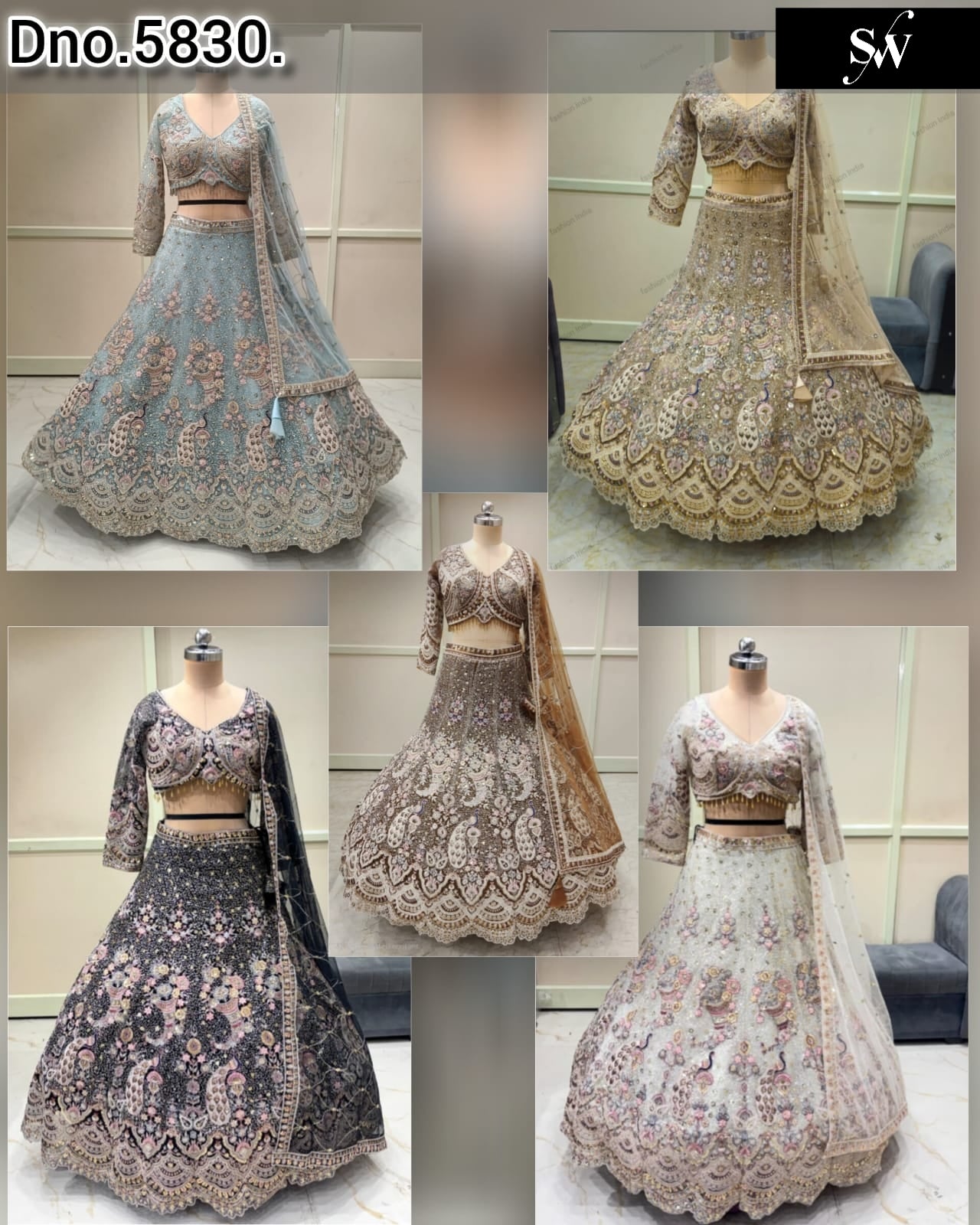 Sky Blue Golden Black Mustard White Peacock Crop Top Lehenga
