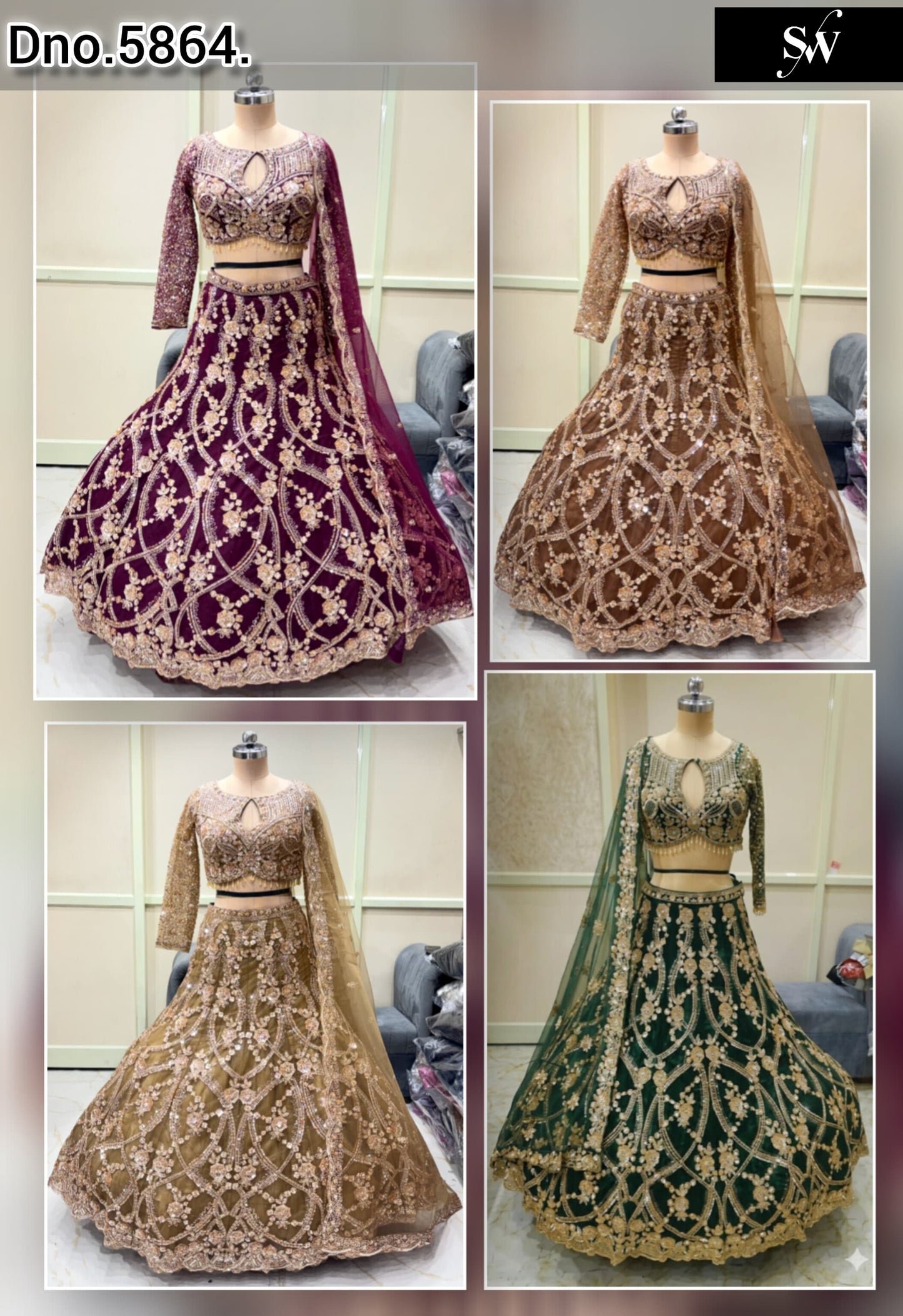 Maroon Brown Peach Green Crop Top Lehenga