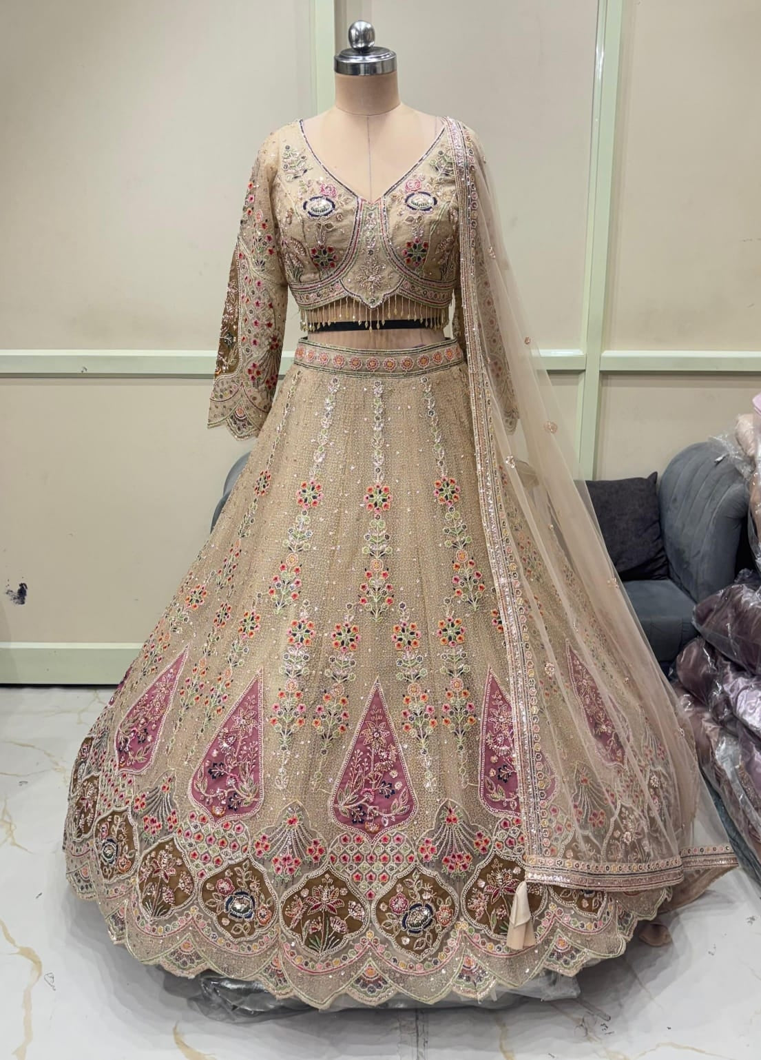Beige Golden On Golden Crop Top Lehenga