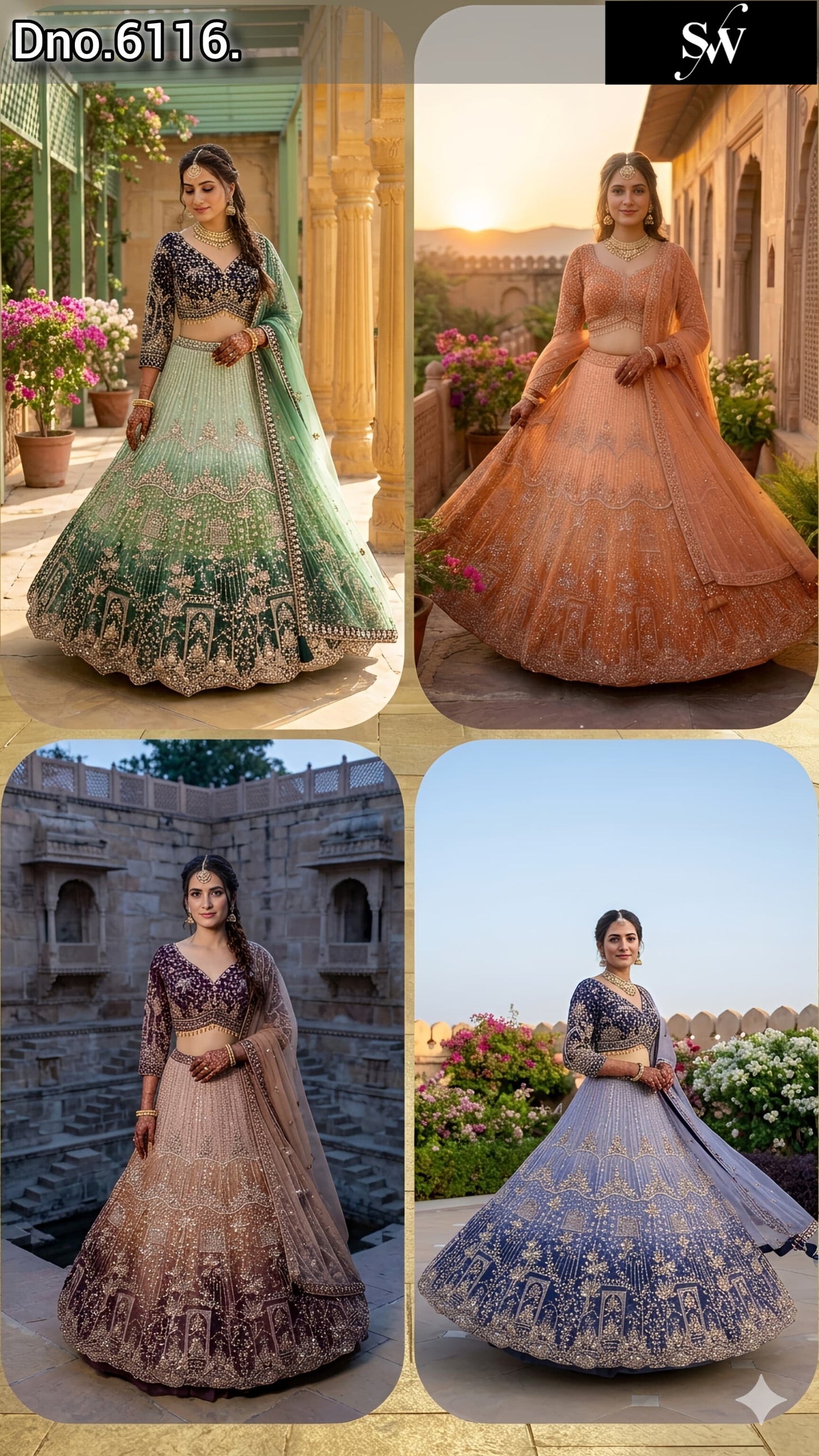 Double Shade Green Orange Brown Peach Sky Blue Crop Top Lehenga