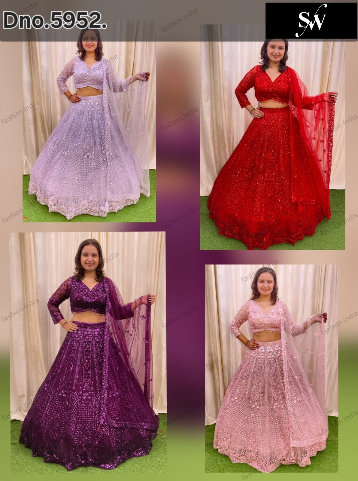 Lavender Purple Red Pink Monotone Crop Top Lehenga - Shopping World