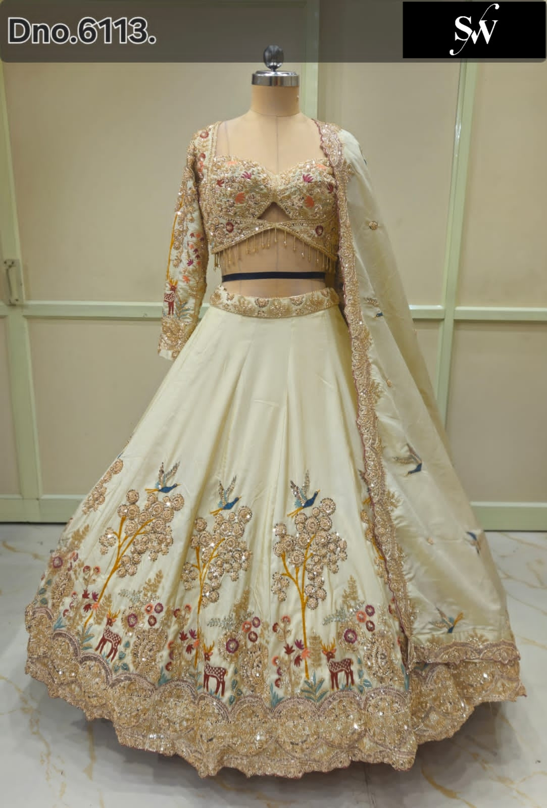 White Peacock Crop Top Lehenga