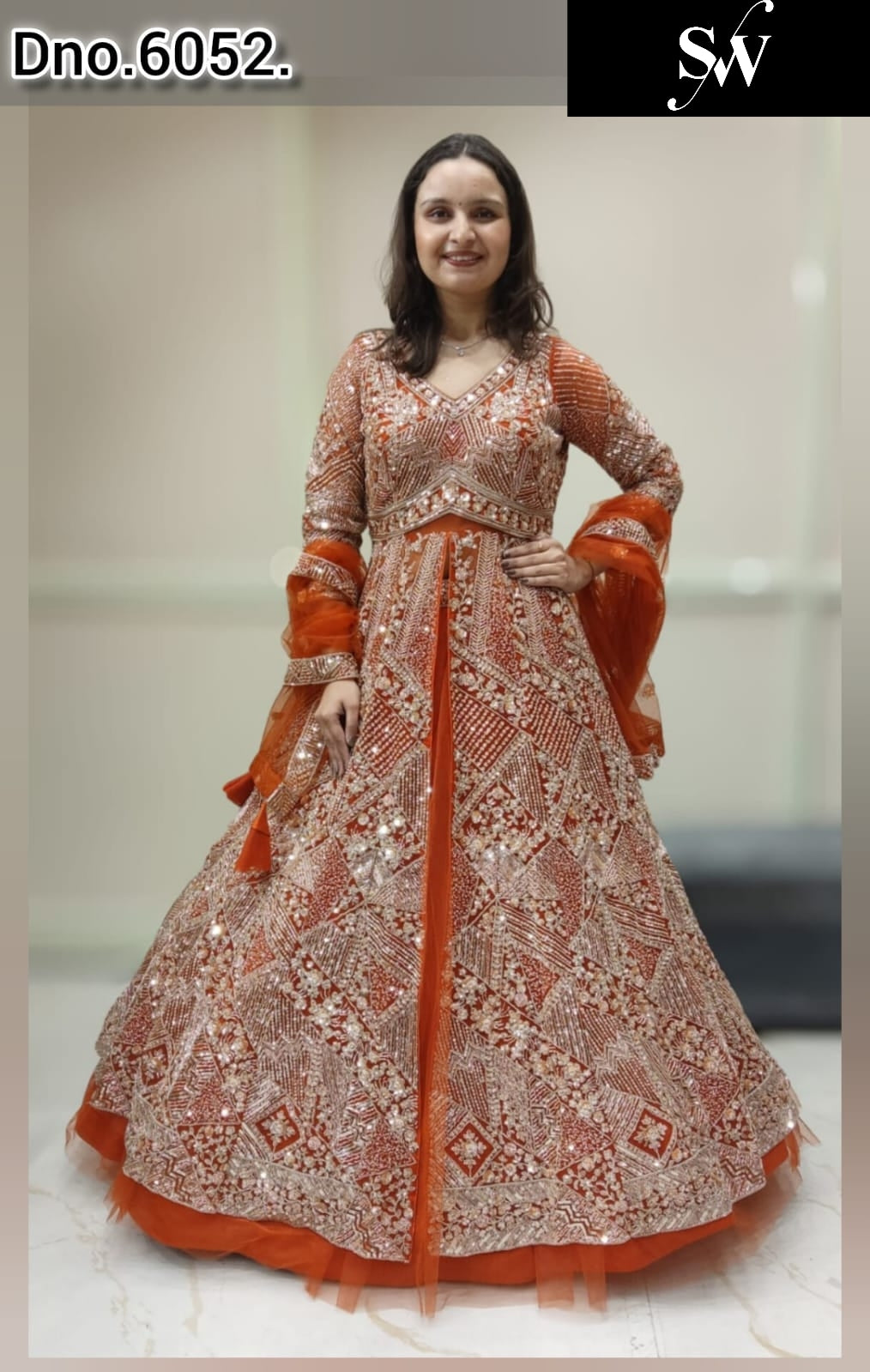 Rust orange Long Farshi Garara Peplum Dress Lehenga