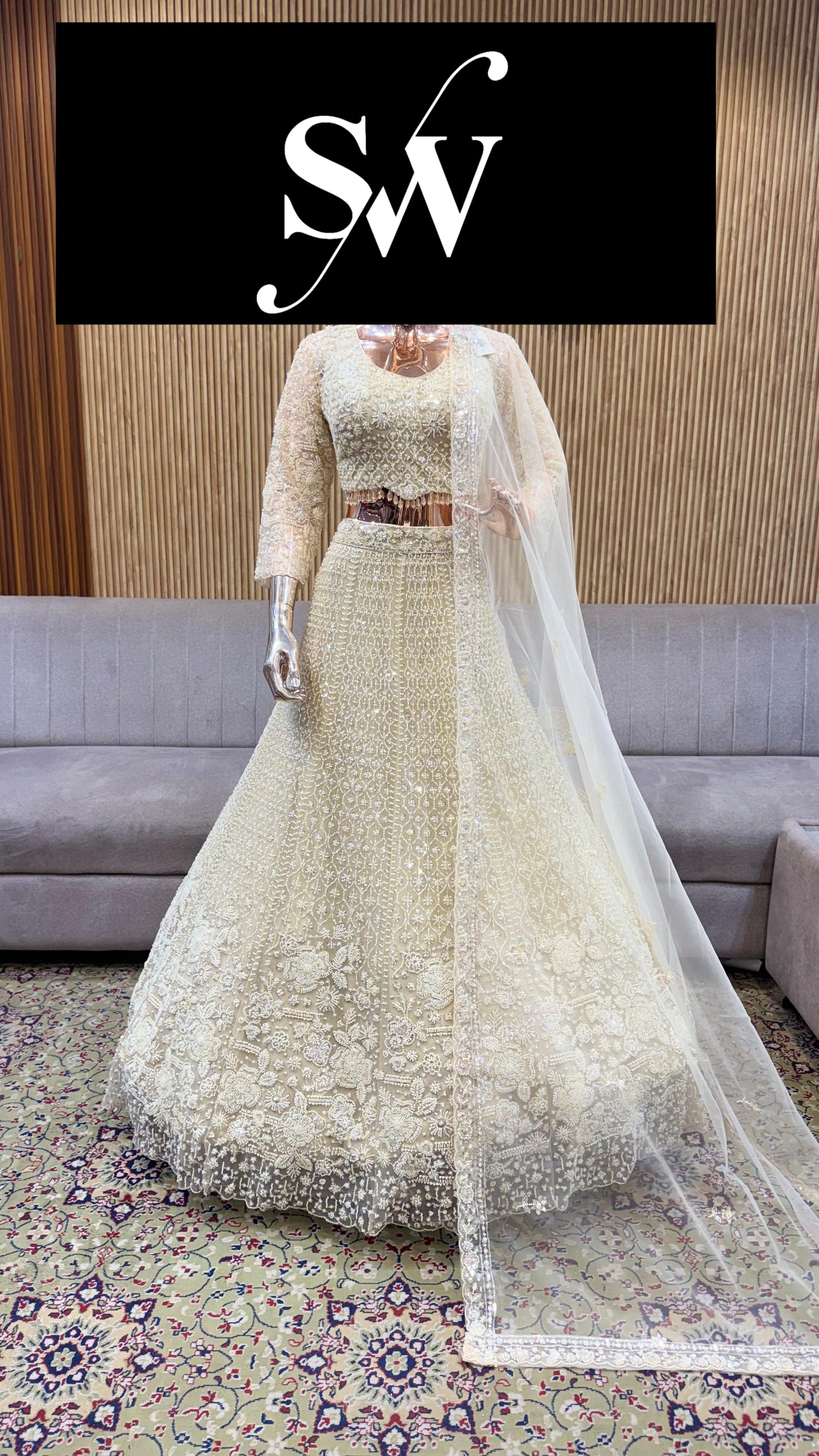 Beige Golden Crop Top Lehenga