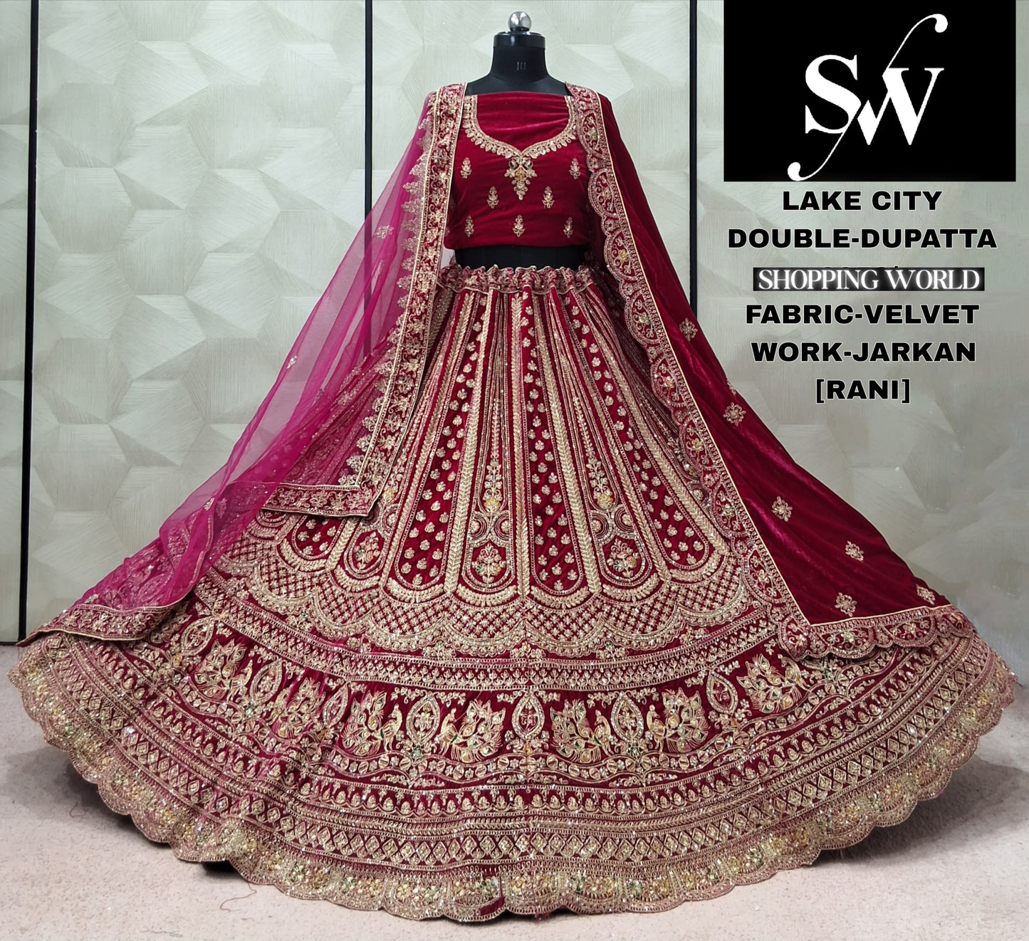 Dark Maroon Velvet Double Dupatta Bridal Lehenga