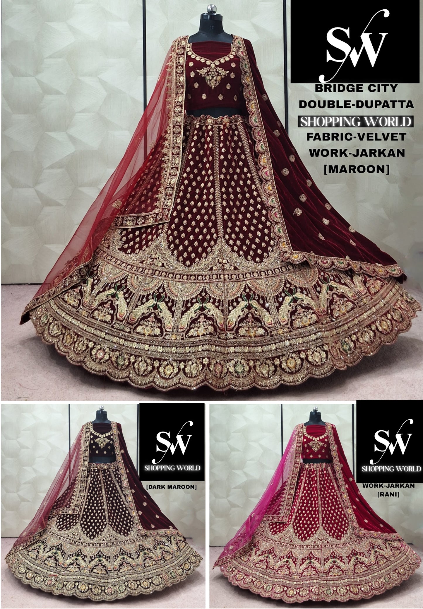 Maroon Dark Maroon Rani pink Peacock Double Dupatta Velvet Bridal Lehenga