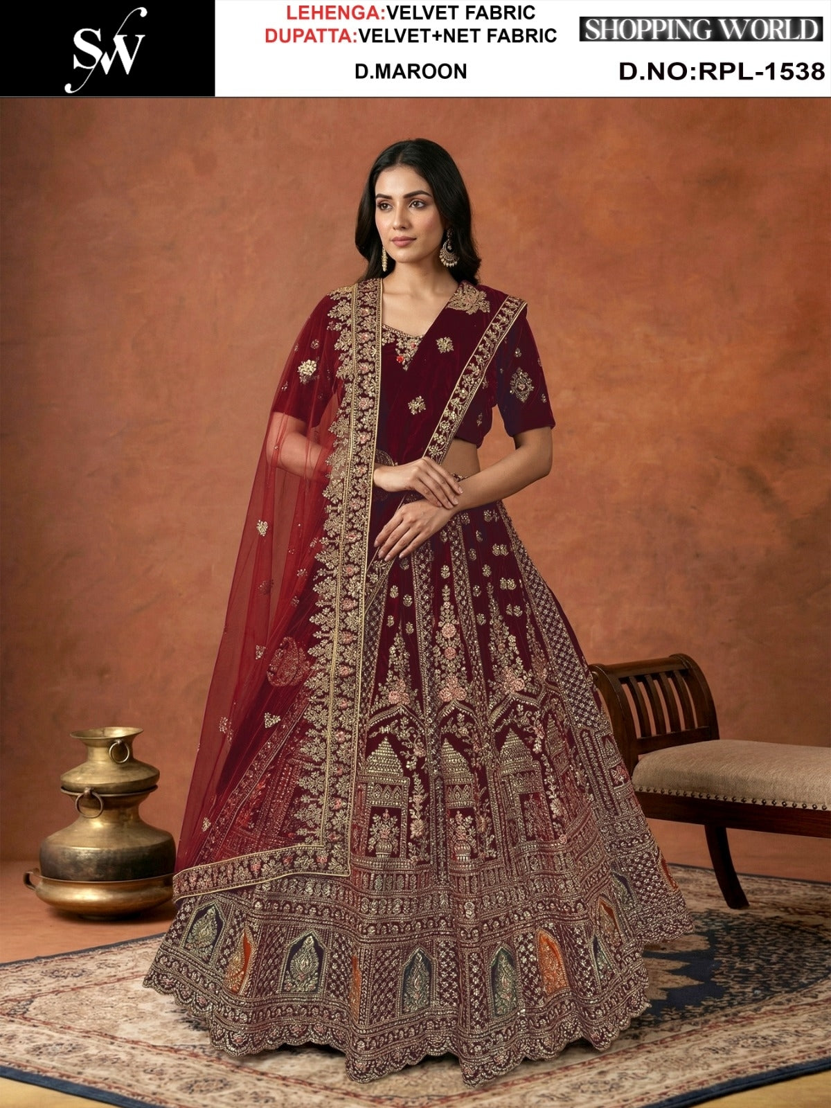 Dark Maroon Velvet Bridal Lehenga