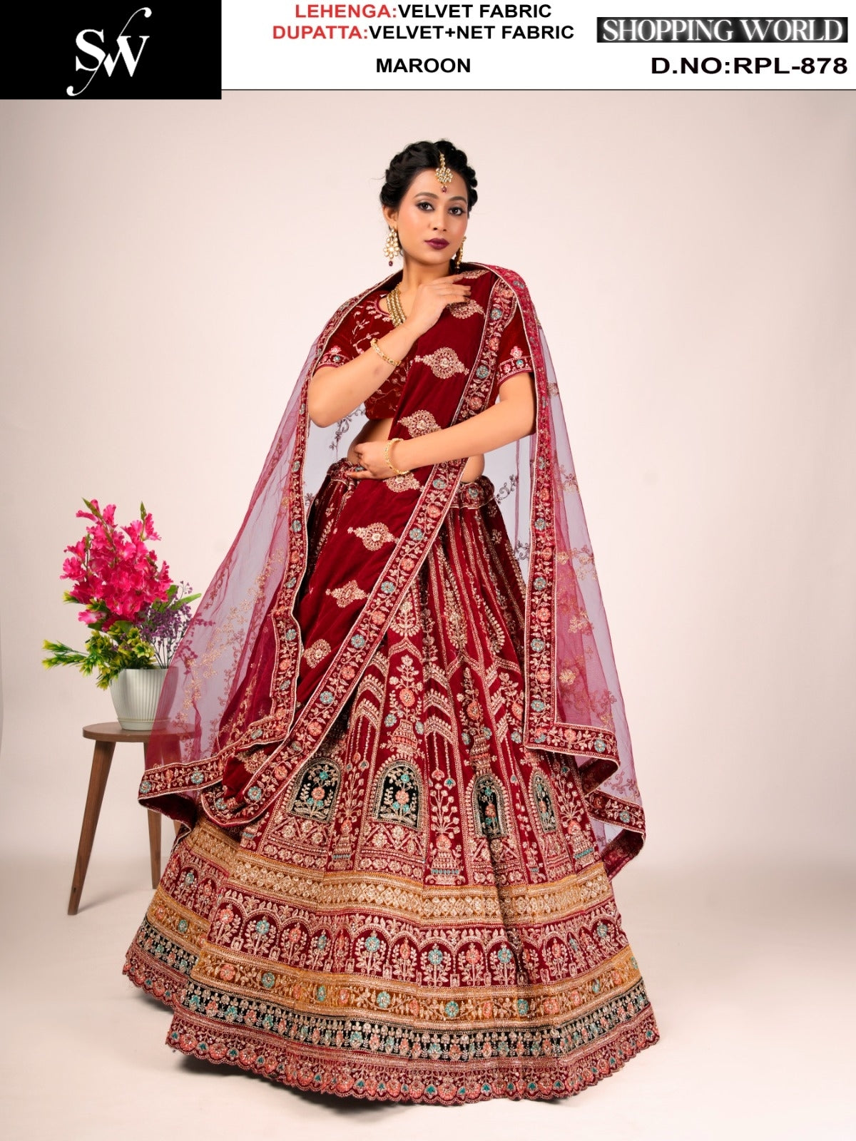 Maroon Velvet Bridal Lehenga