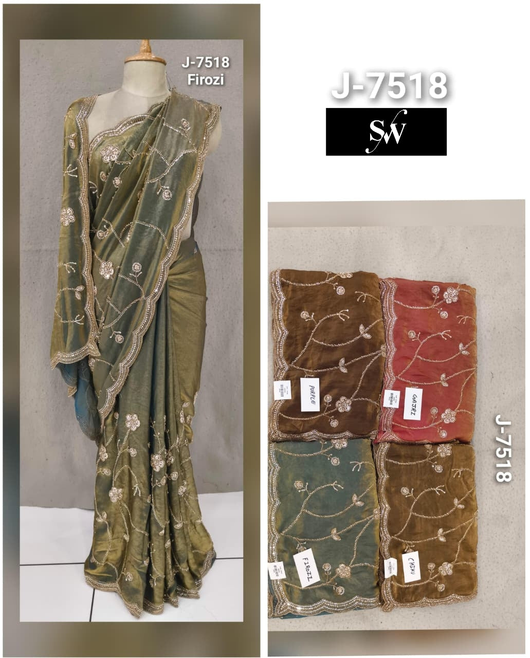 Green Pink Brown Golden Saree
