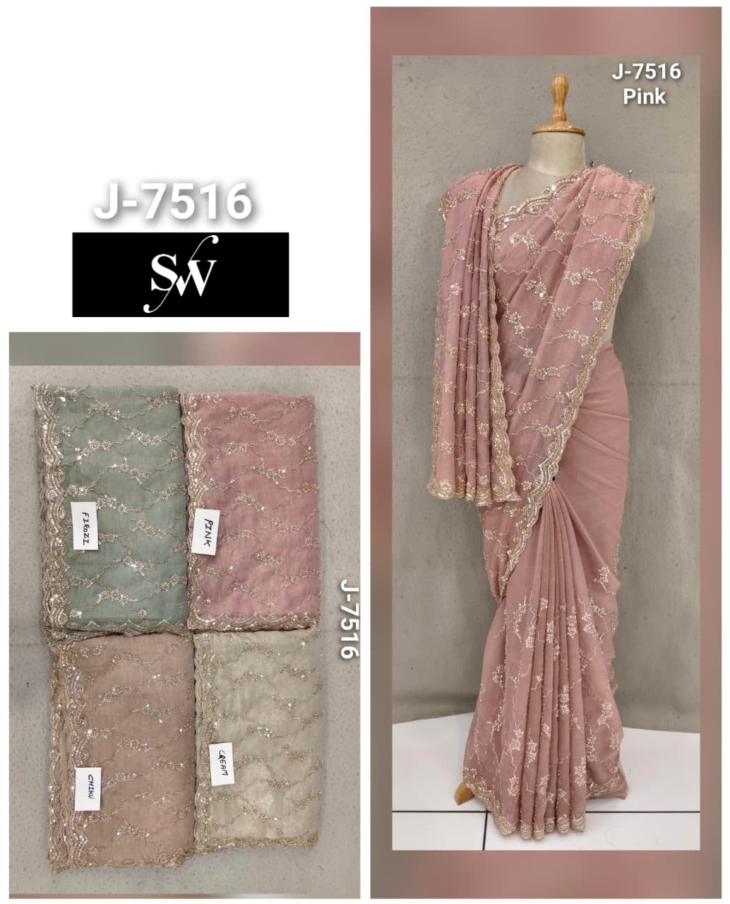 Pink Pista Green White Peach Saree