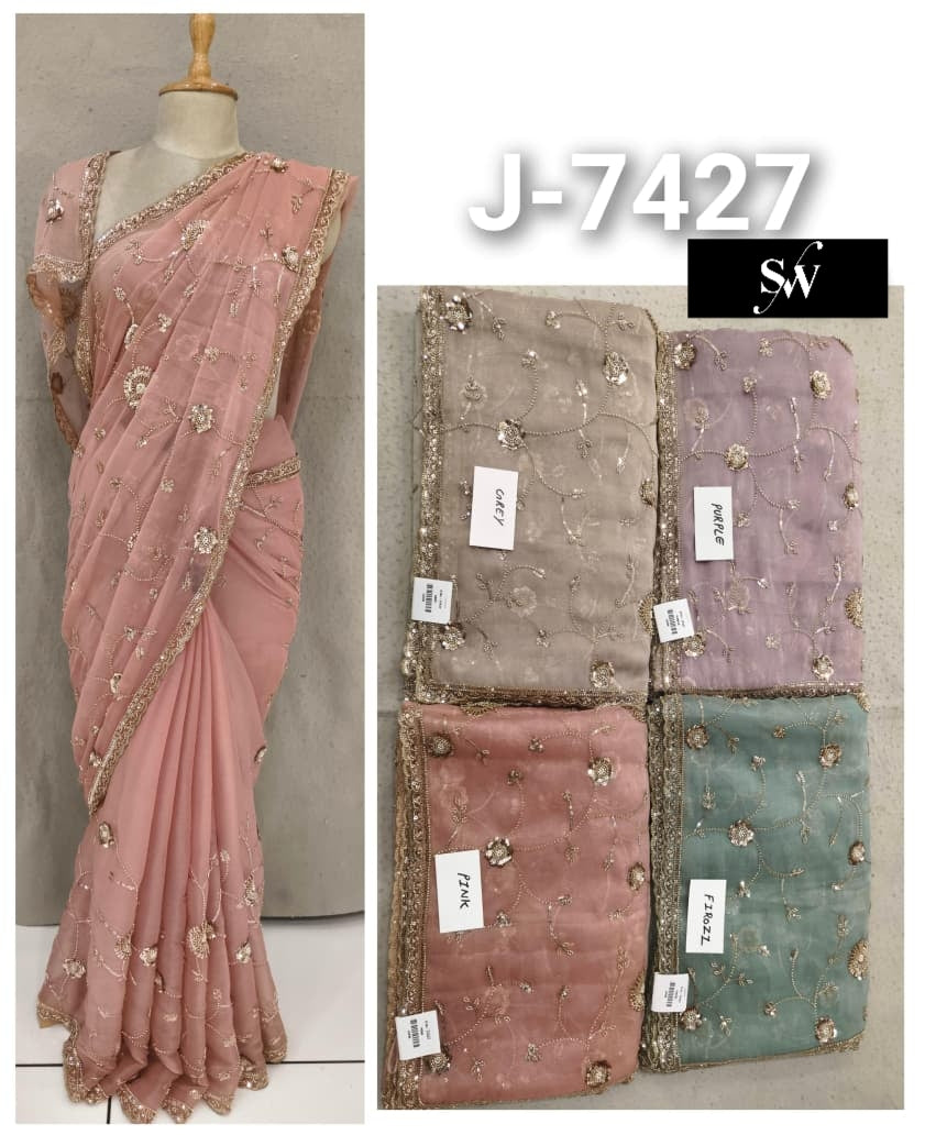 Pink Pista Green Lavender Brown Saree