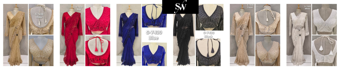 Chiku Golden Red Blue Black Cream white Designer Saree