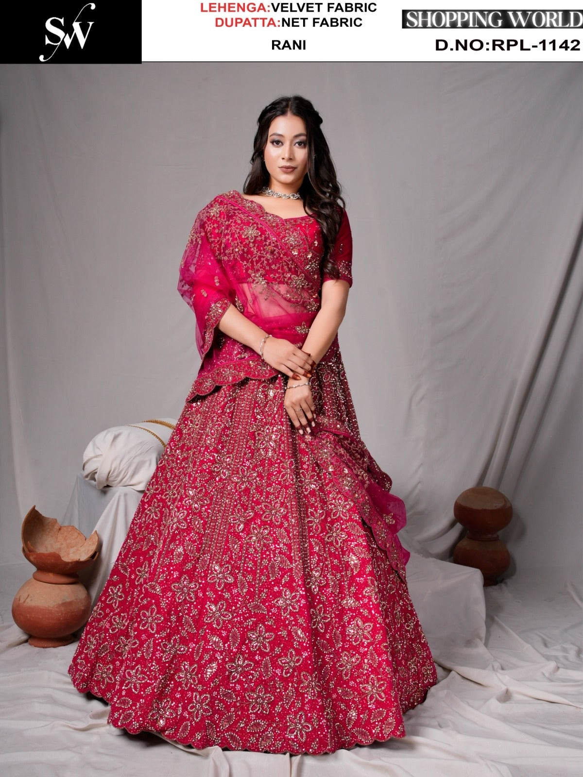 Rani Pink Velvet Bridal Lehenga