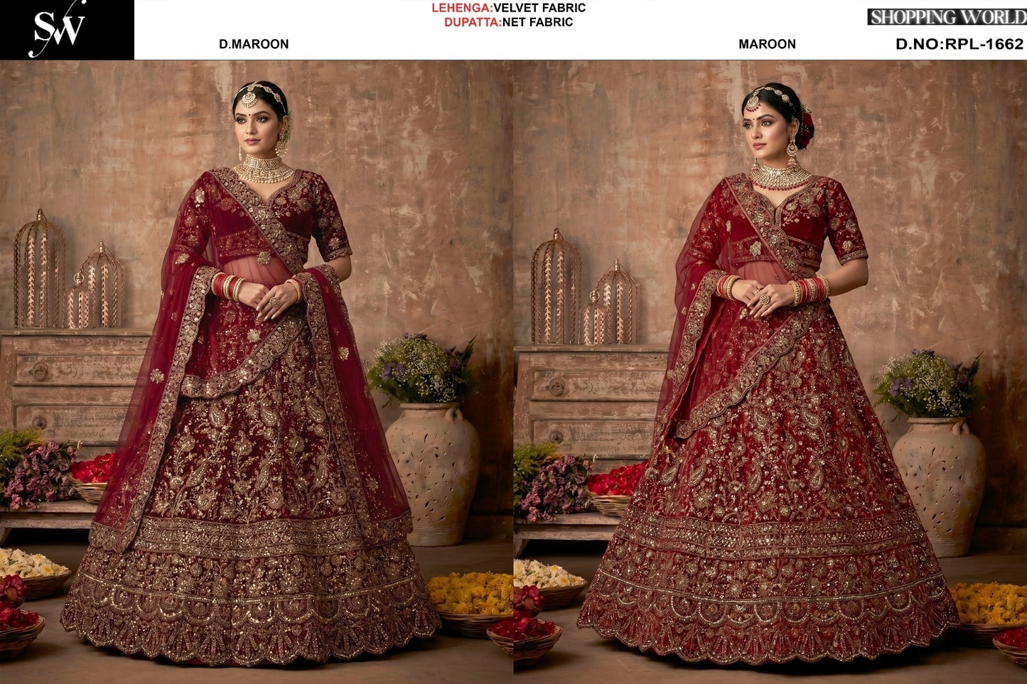 Dark Maroon Maroon Velvet Bridal Lehenga