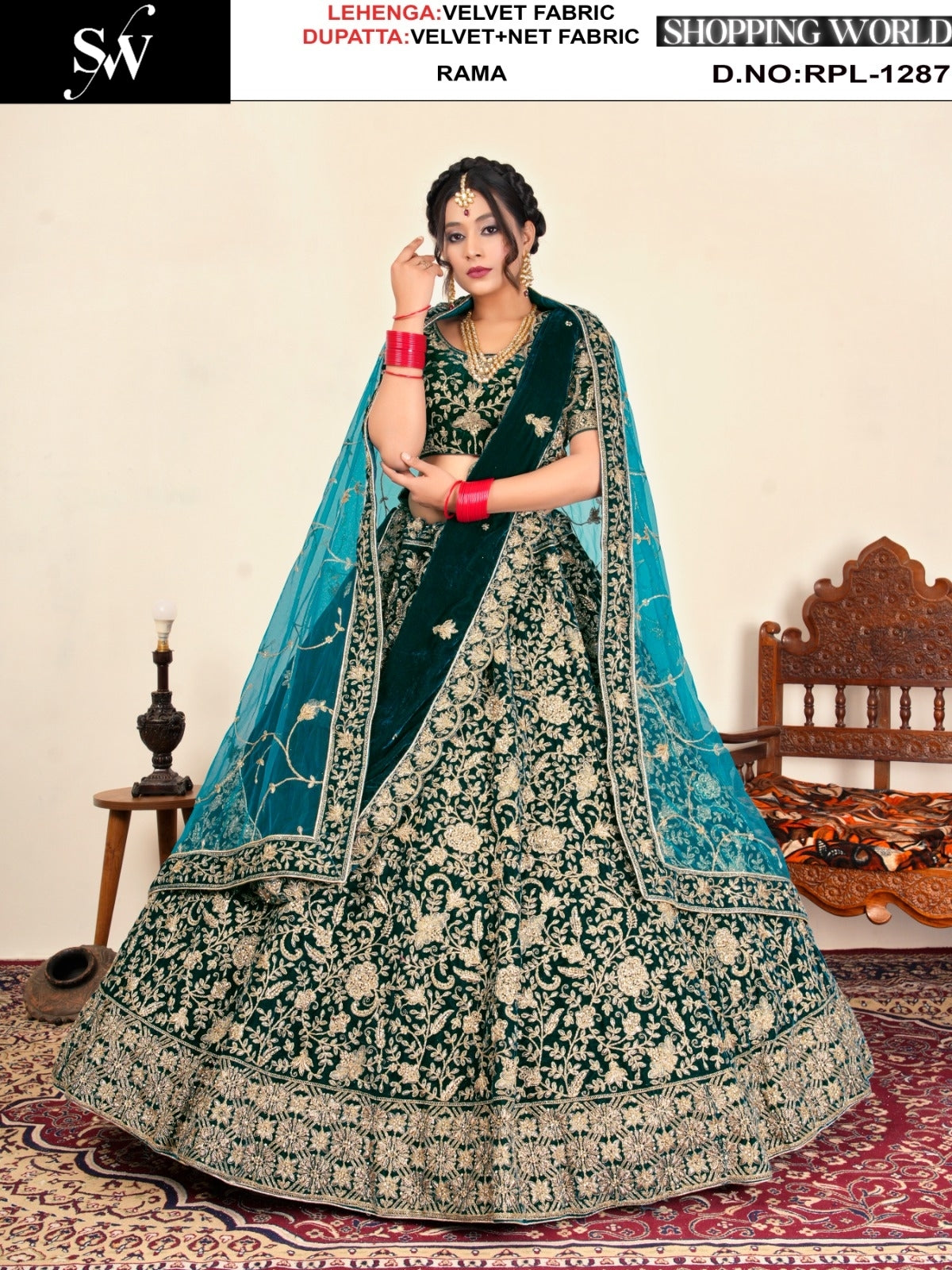 Rama Green Velvet Bridal Lehenga