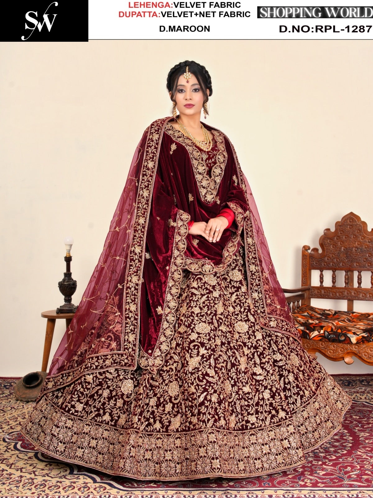 Dark Maroon Velvet Bridal Lehenga