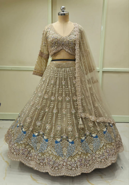 Beige Golden mustard Crop Top Lehenga