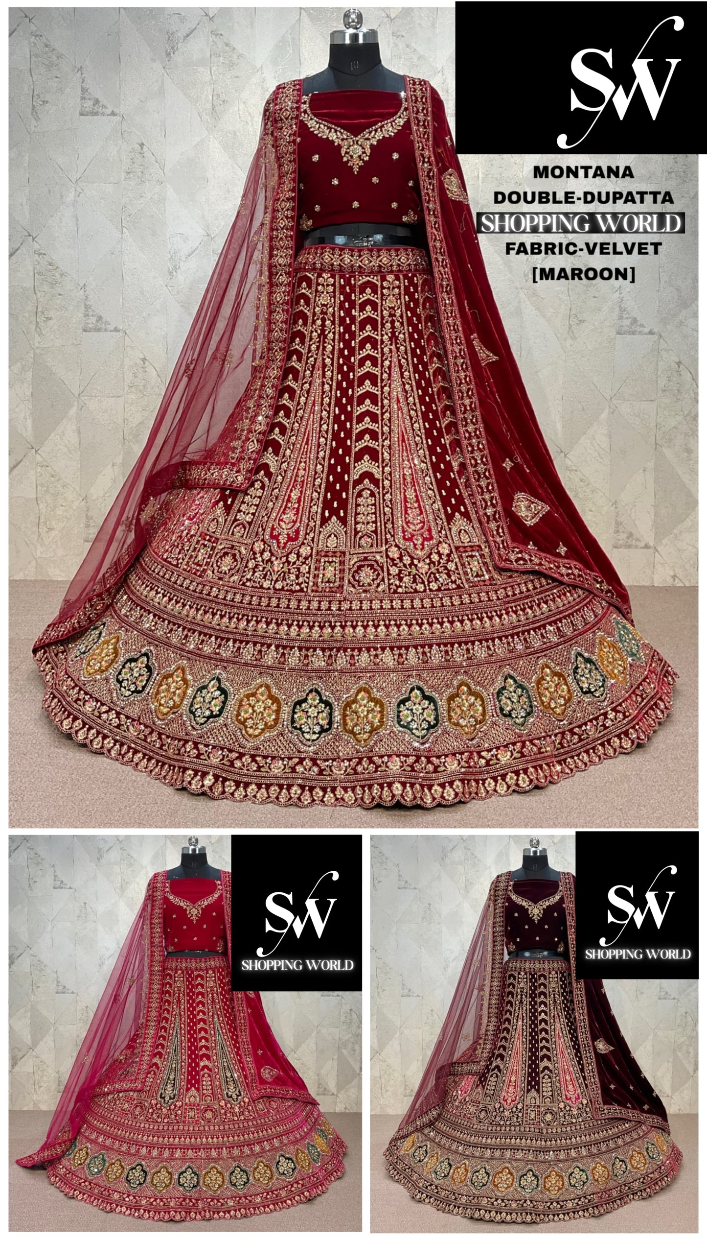 Rani Pink maroon Dark Maroon Double Dupatta Velvet Bridal Lehenga