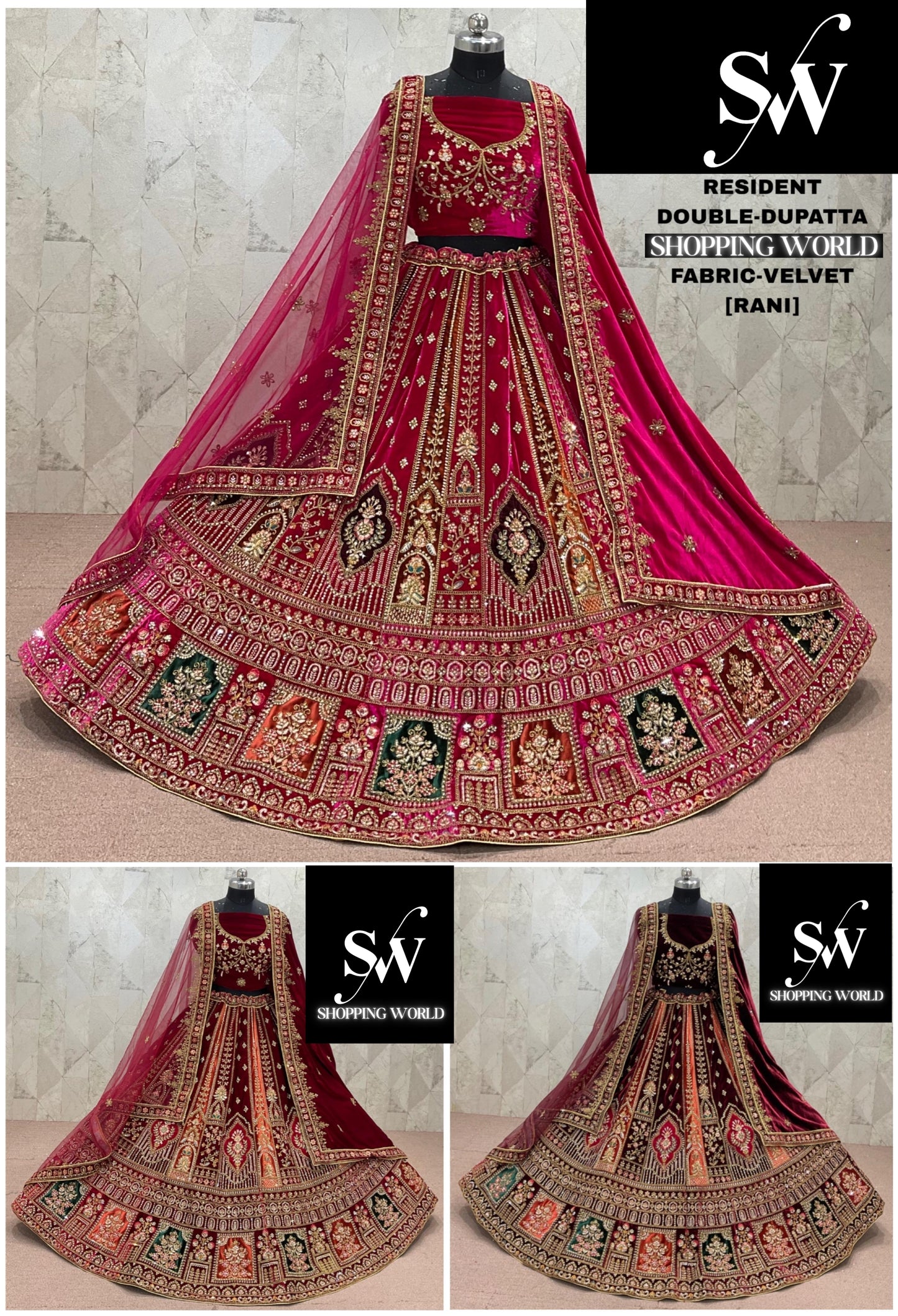 Rani Pink maroon Dark Maroon Double Dupatta Velvet Bridal Lehenga