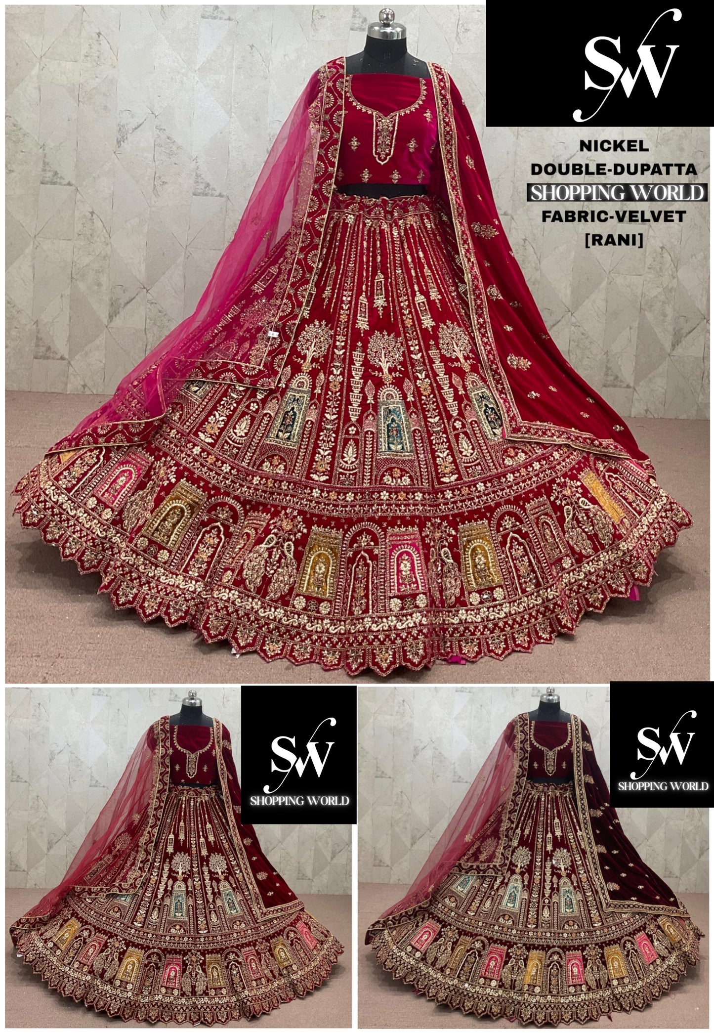 Rani Pink maroon Dark Maroon Double Dupatta Velvet Bridal Lehenga