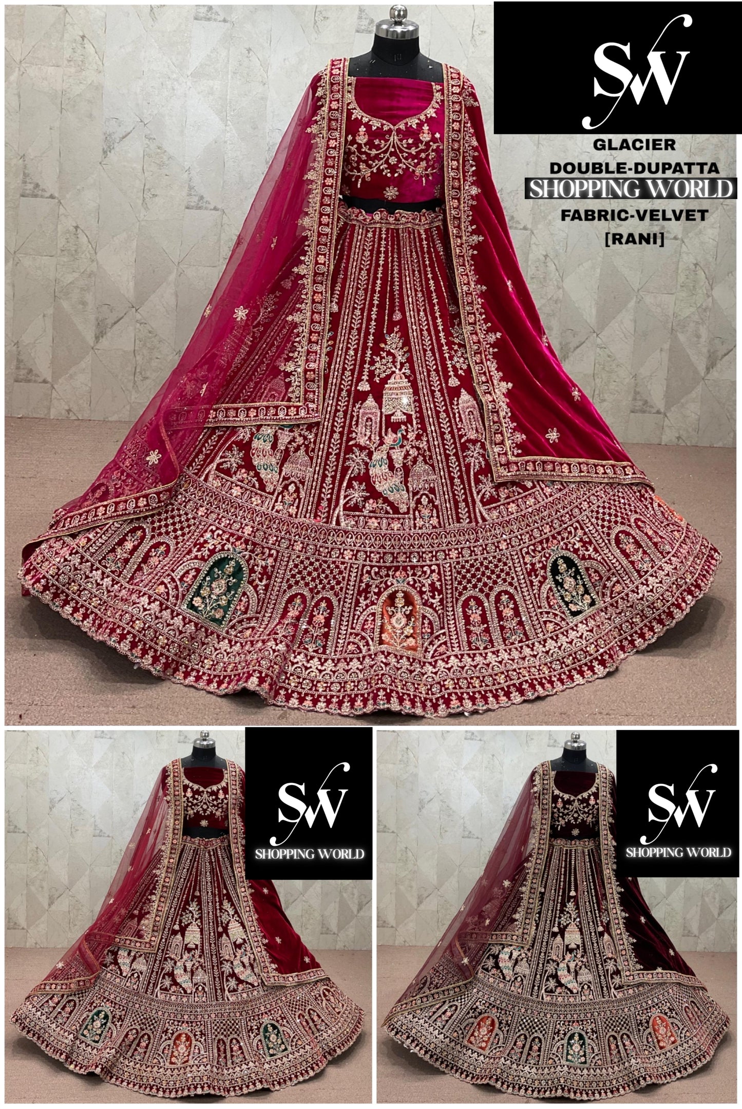 Rani Pink maroon Dark Maroon Double Dupatta Doli Barat Velvet Bridal Lehenga