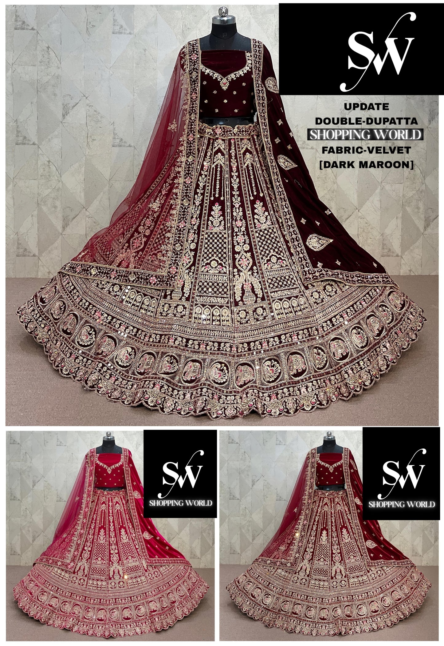Rani Pink maroon Dark Maroon Double Dupatta Peacock Velvet Bridal Lehenga