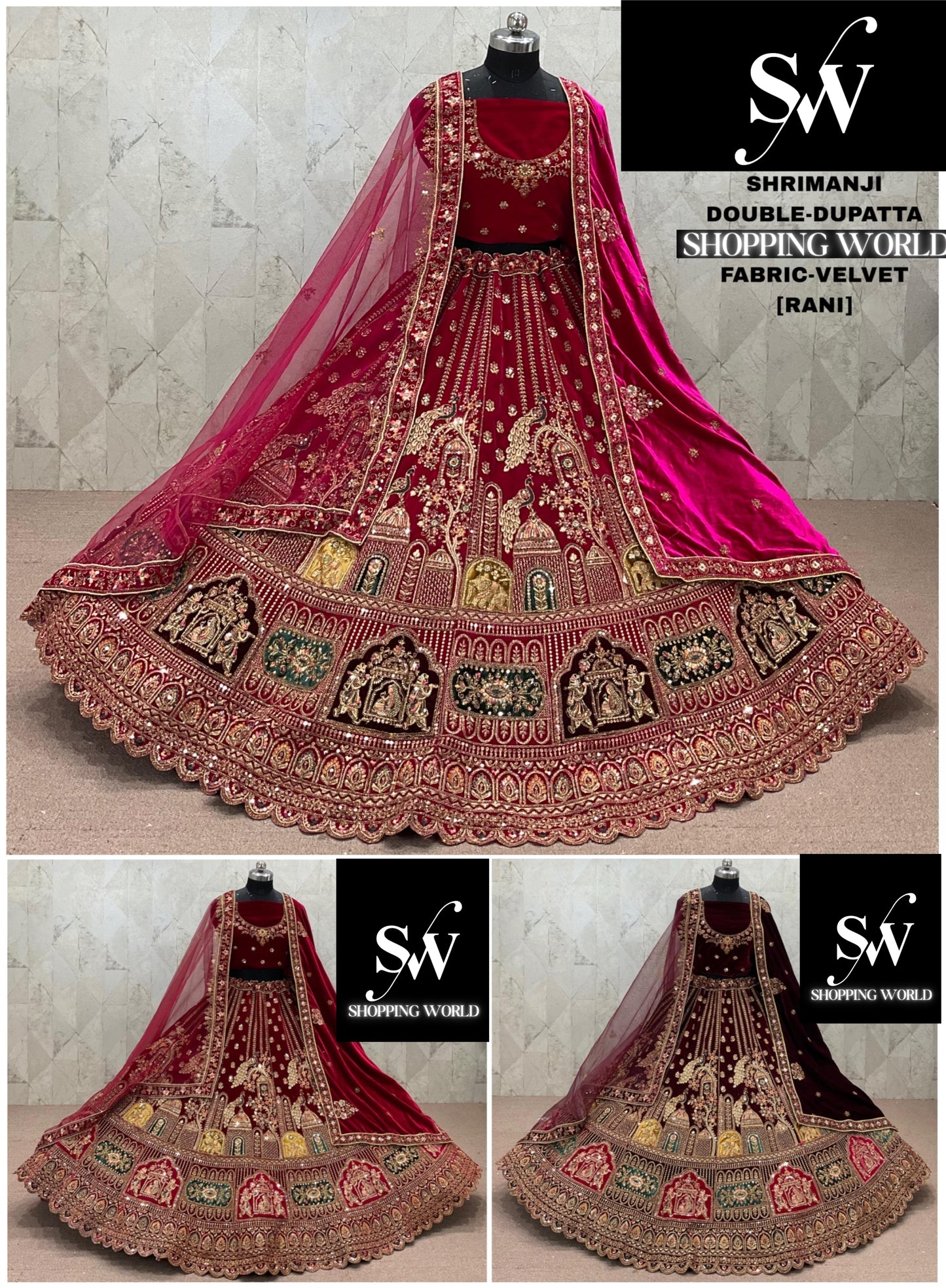 Rani Pink maroon Dark Maroon Double Dupatta Doli Barat Velvet Bridal Lehenga
