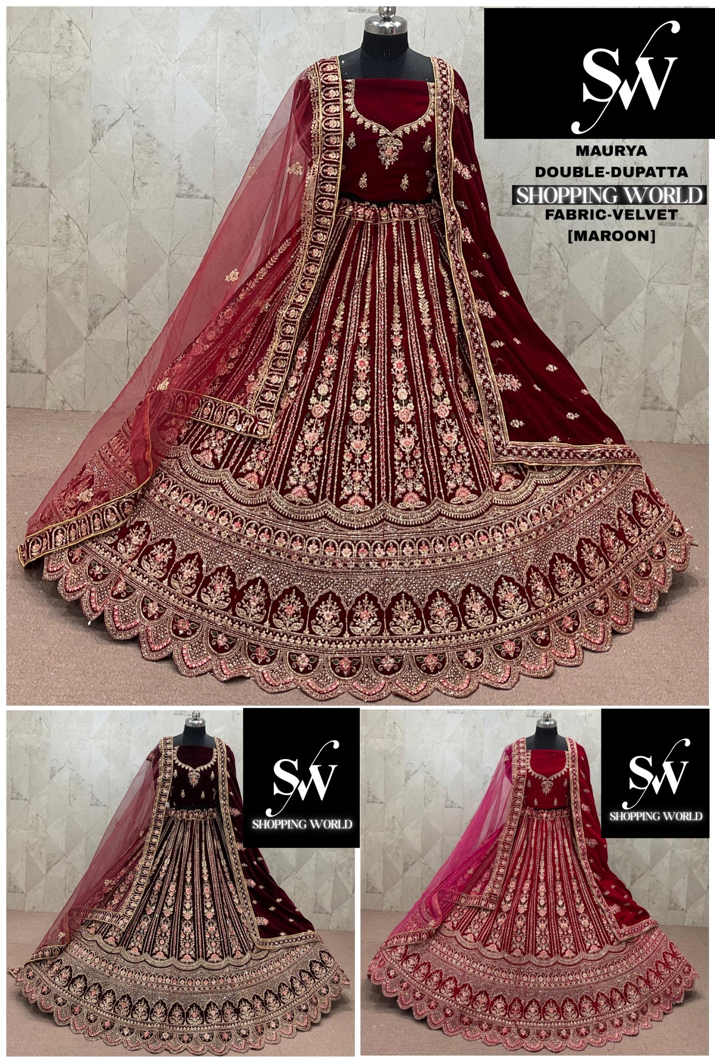 Rani Pink maroon Dark Maroon Double Dupatta Velvet Bridal Lehenga