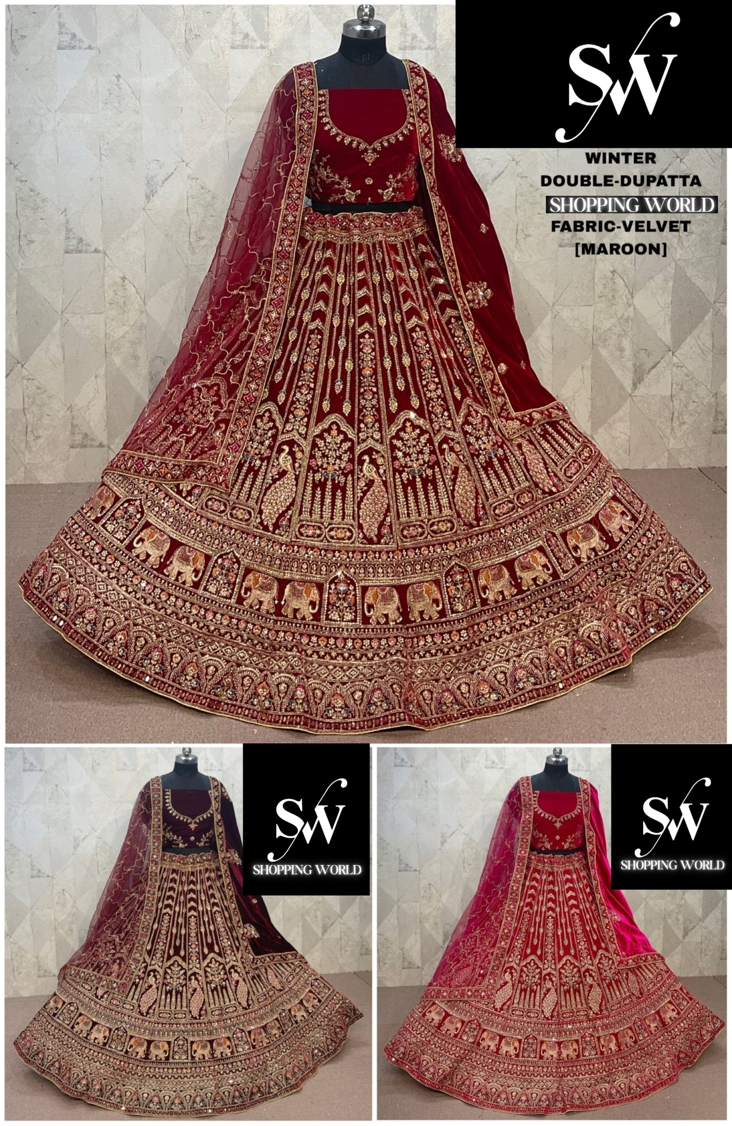 Rani Pink maroon Dark Maroon Double Dupatta Velvet Peacock Bridal Lehenga