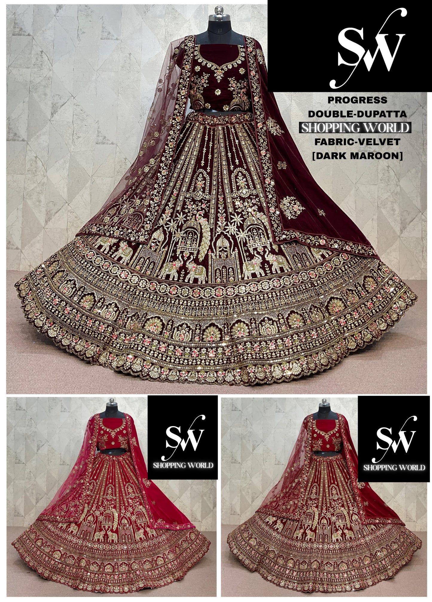 Rani Pink maroon Dark Maroon Double Dupatta Velvet Bridal Lehenga