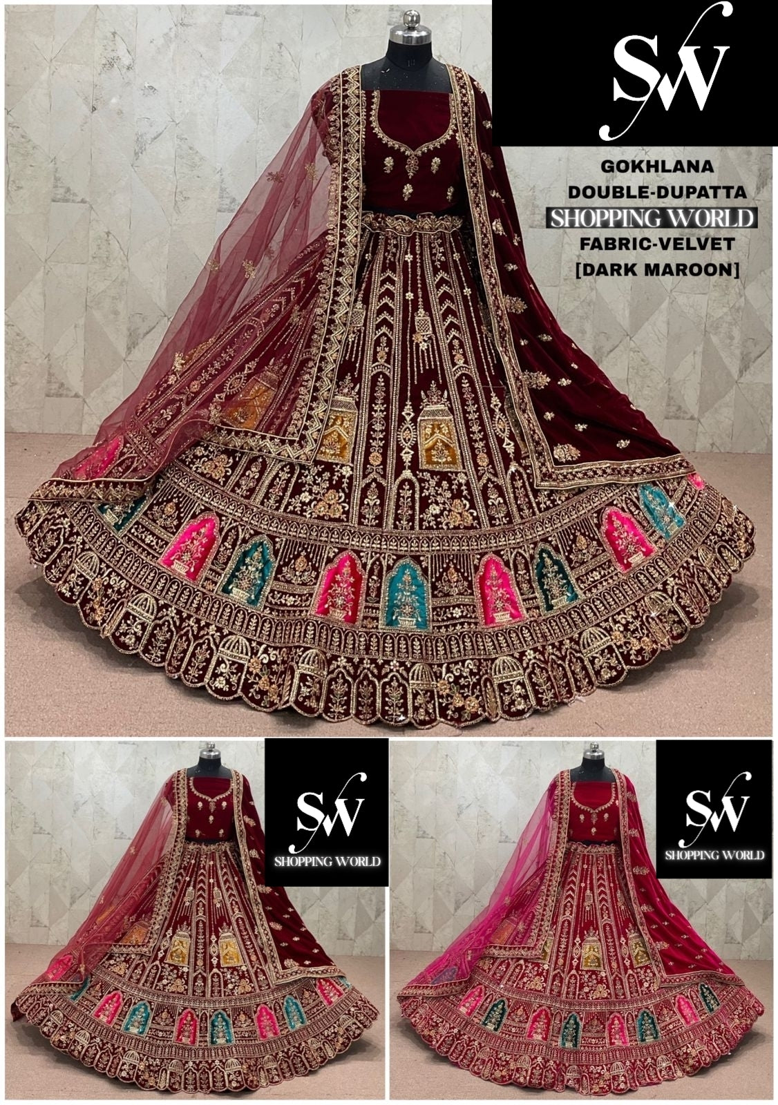 Rani Pink maroon Dark Maroon Double Dupatta Velvet Bridal Lehenga