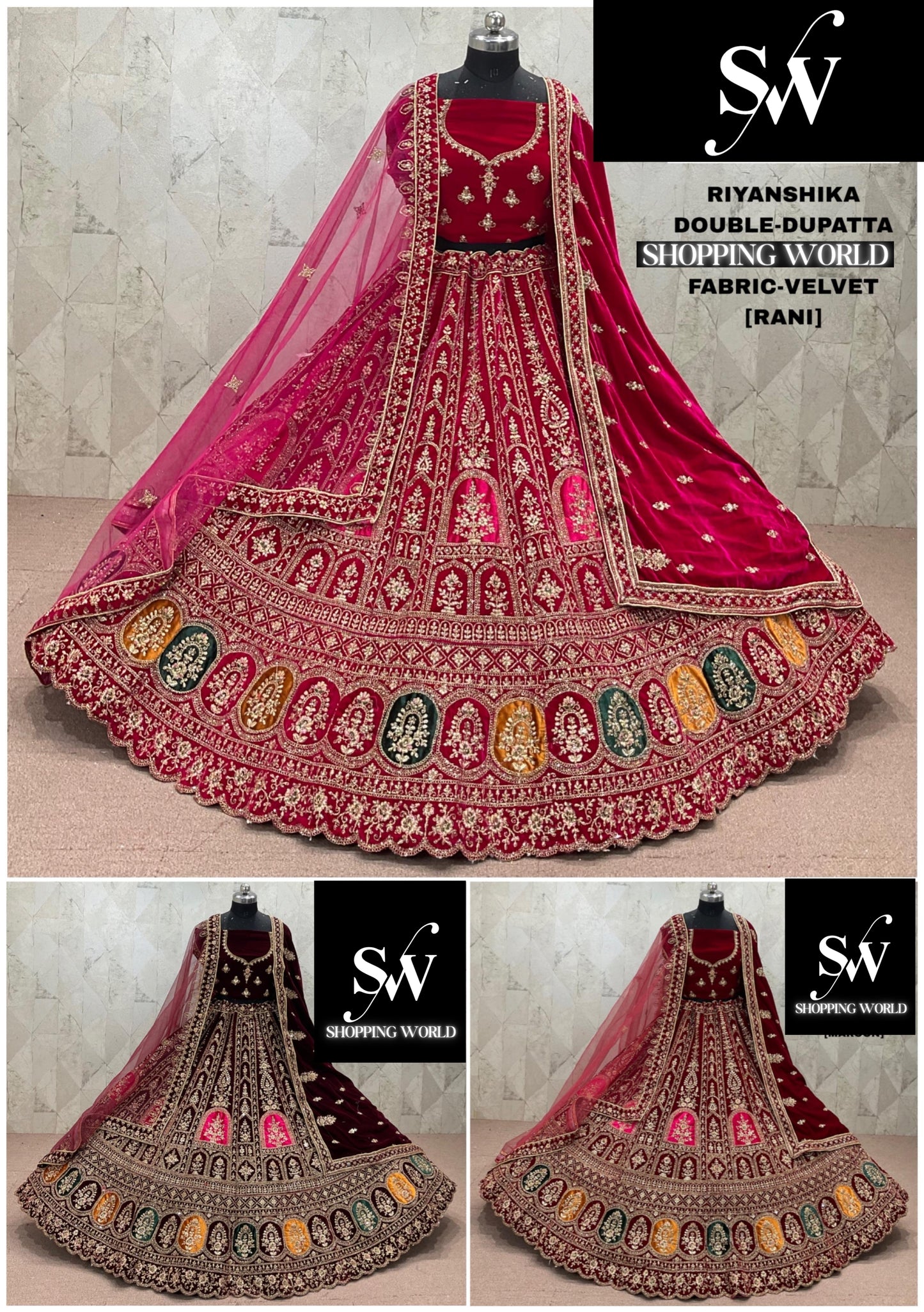 Rani Pink maroon Dark Maroon Double Dupatta Velvet Bridal Lehenga