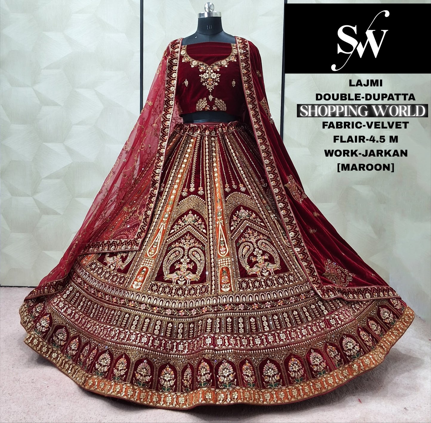 Dark Maroon Double Dupatta Peacock Velvet Bridal Lehenga