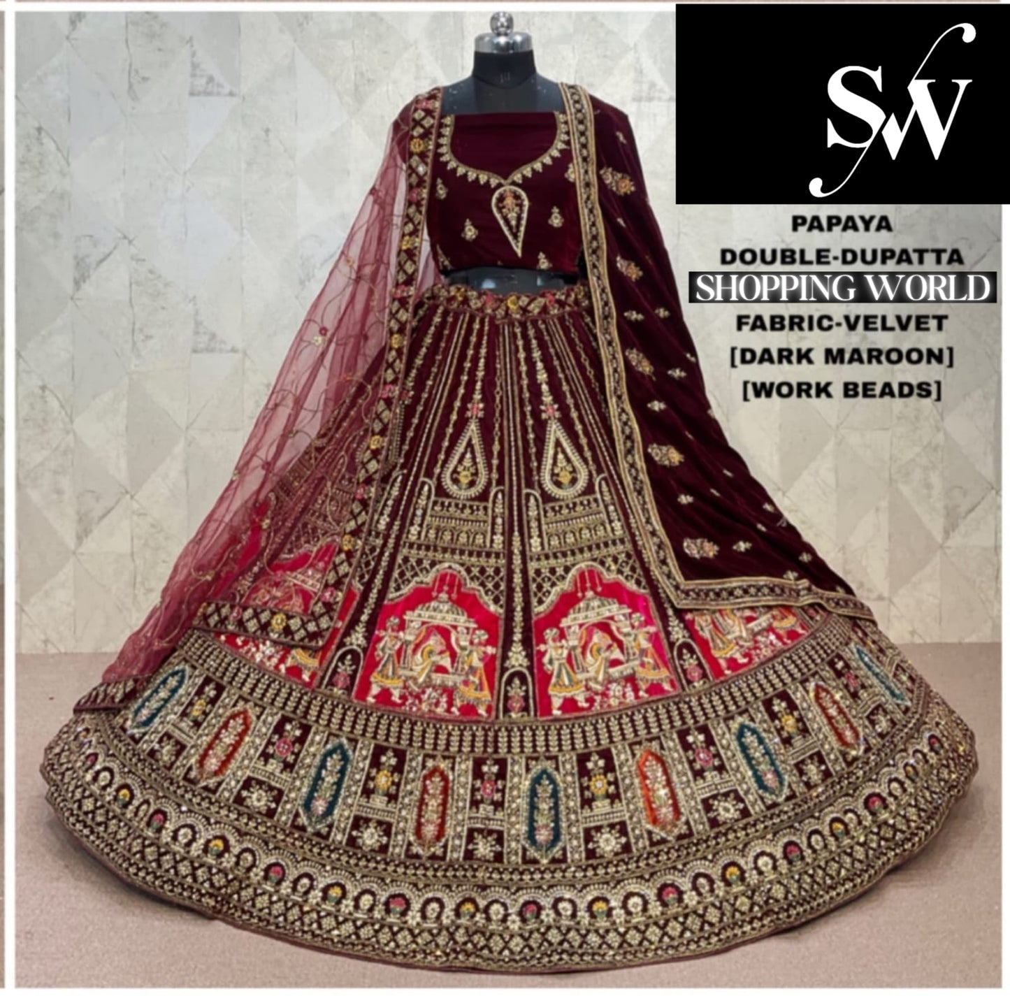 Dark Maroon Double Dupatta Doli Barat Velvet Bridal Lehenga