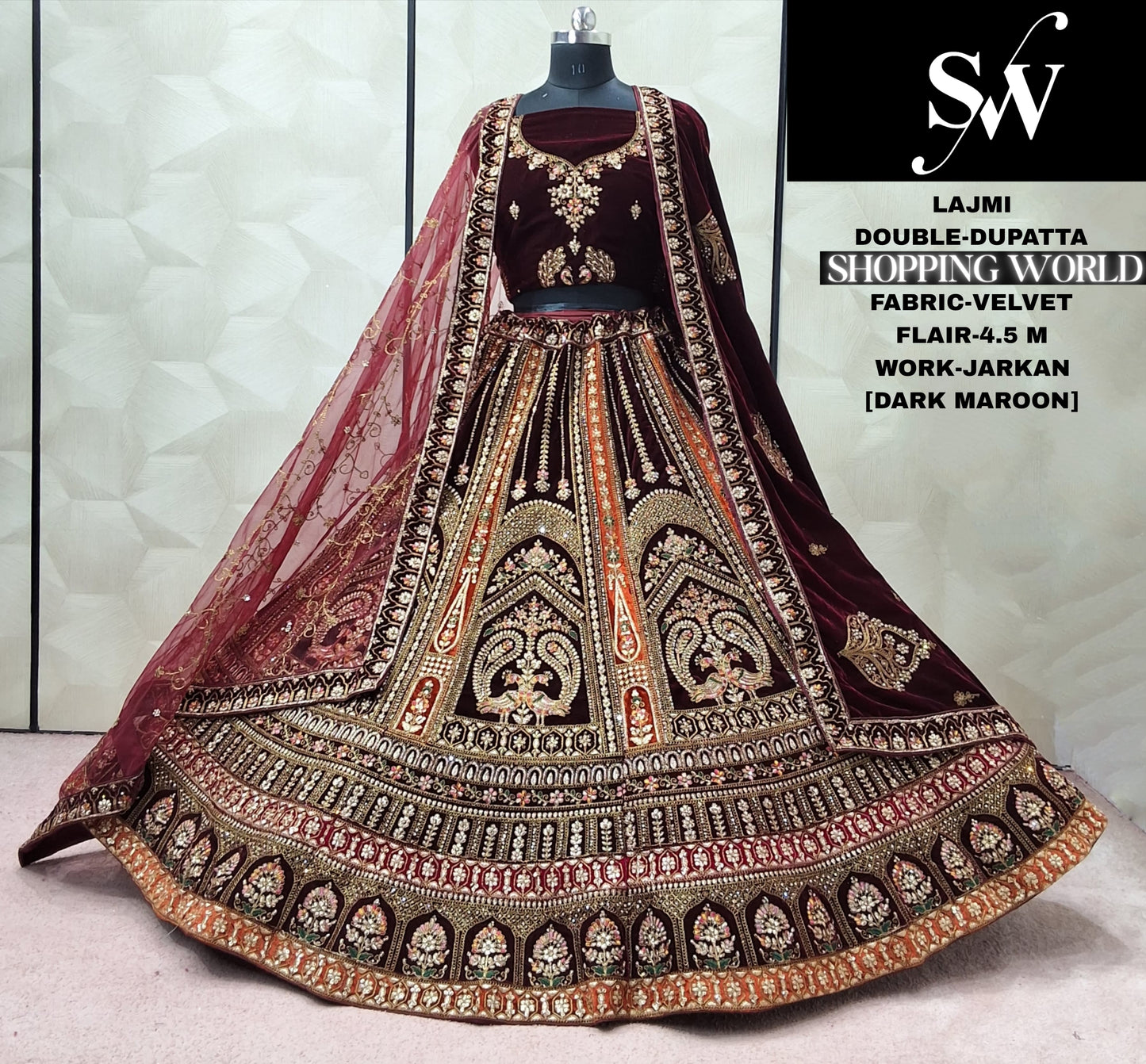 Maroon Double Dupatta Peacock Velvet Bridal Lehenga