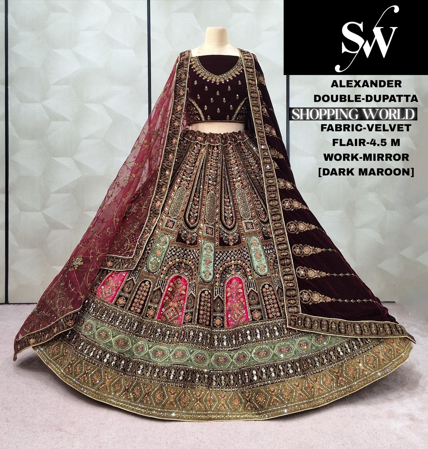 Dark Maroon Double Dupatta Velvet Bridal Lehenga