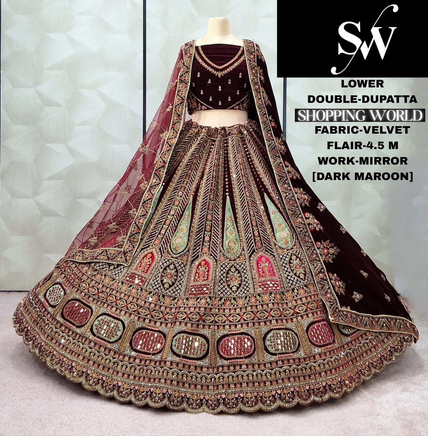Maroon Double Dupatta Velvet Bridal Lehenga