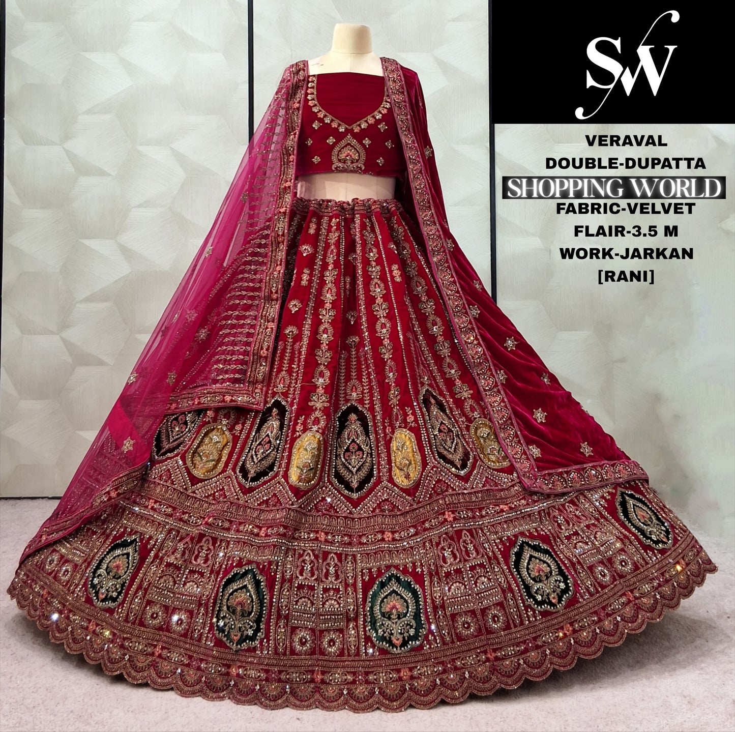 Rani Pink Velvet Double Dupatta Bridal Lehenga