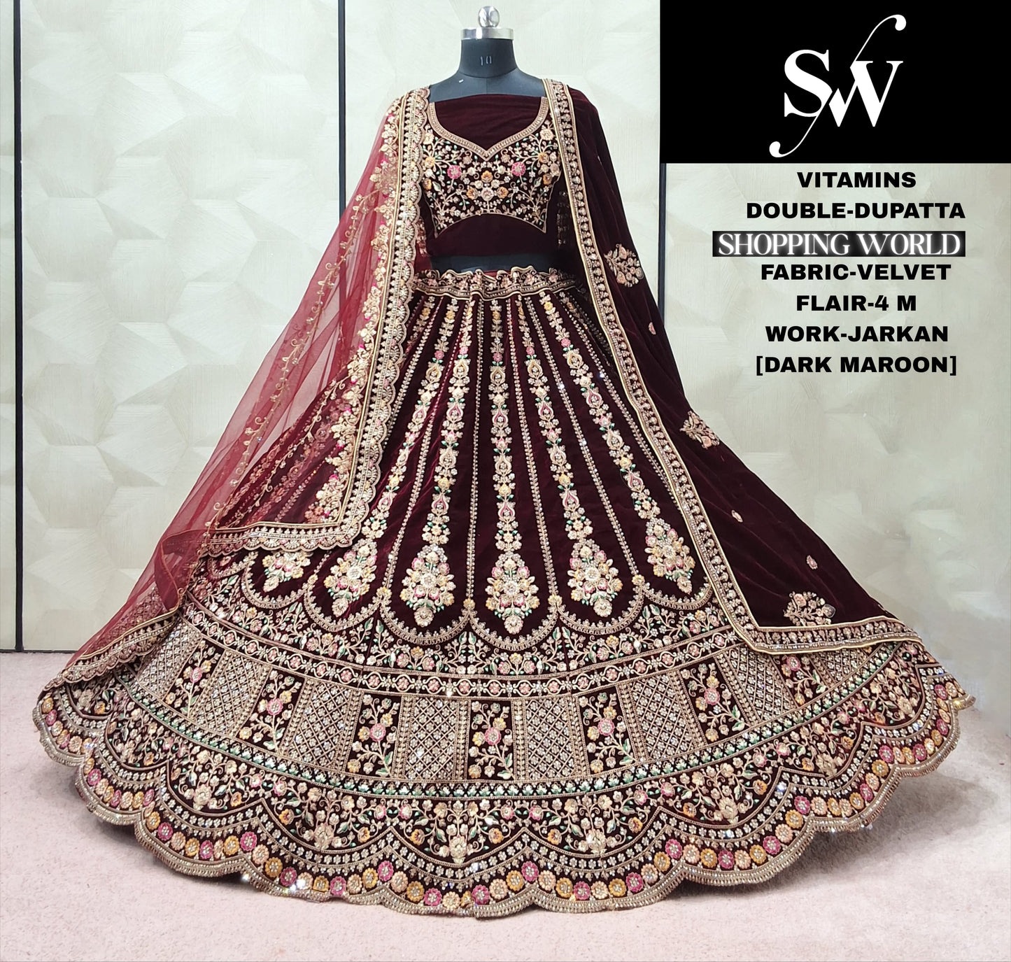 Dark Maroon Double Dupatta Velvet Bridal Lehenga