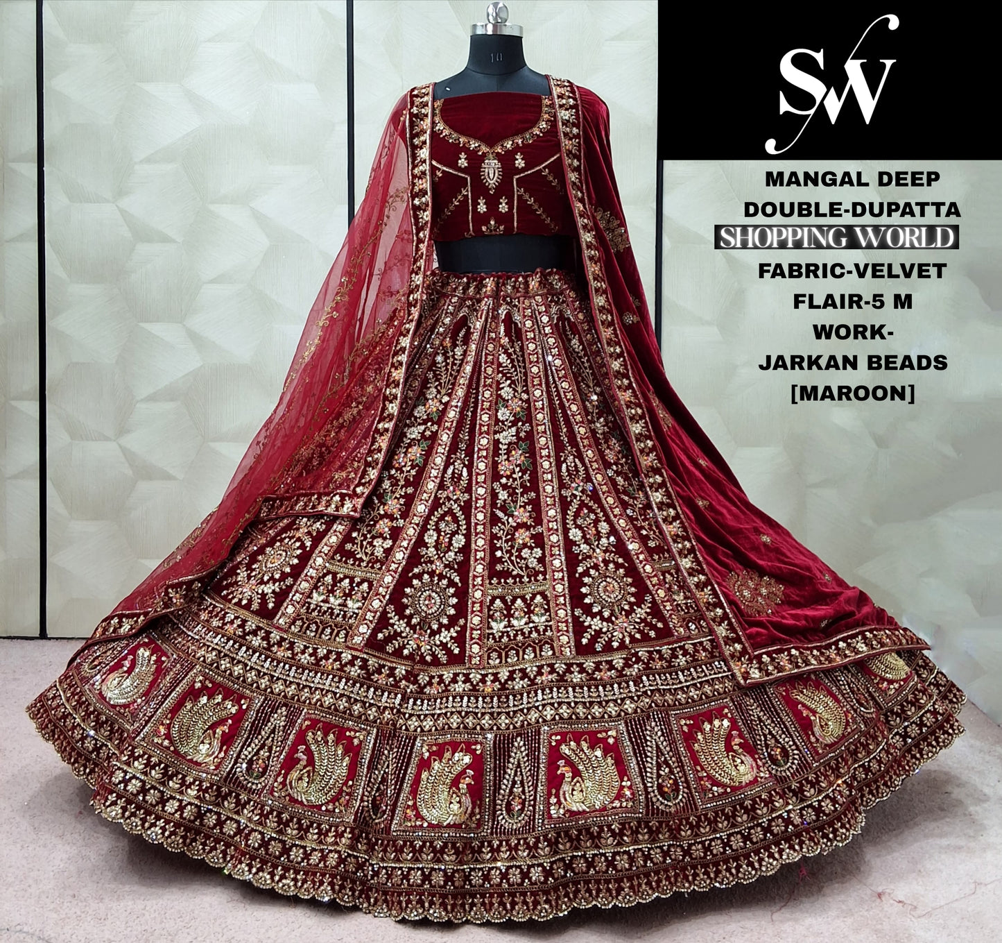 Dark Maroon Double Dupatta Velvet Bridal Lehenga