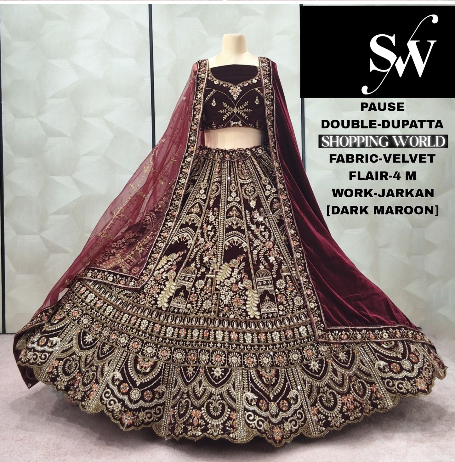 Dark Maroon Peacock Double Dupatta Velvet Bridal Lehenga