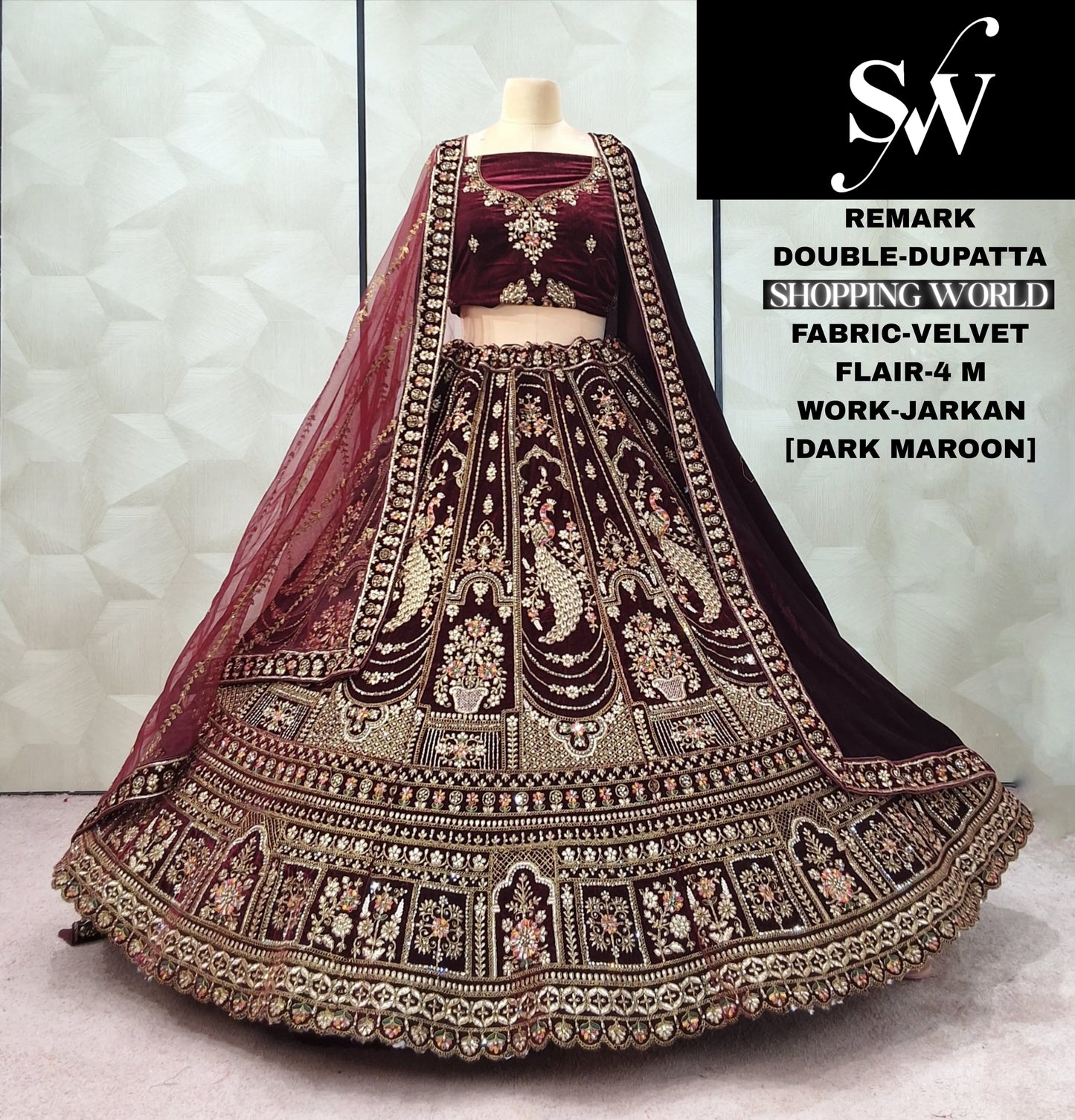 Dark Maroon Peacock Double Dupatta Velvet Bridal Lehenga