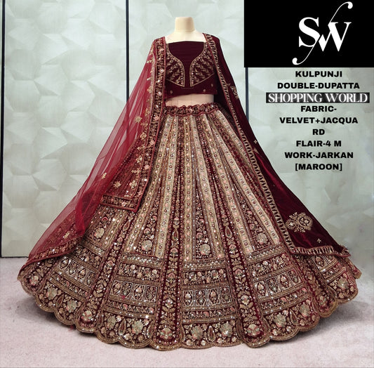 Maroon Velvet Jacquard Double Dupatta Bridal Lehenga - Shopping World