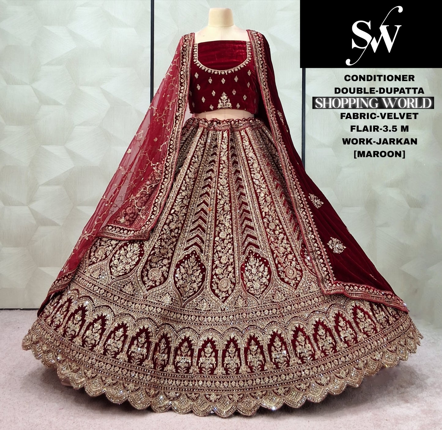 Dark Maroon Velvet Double Dupatta Bridal Lehenga